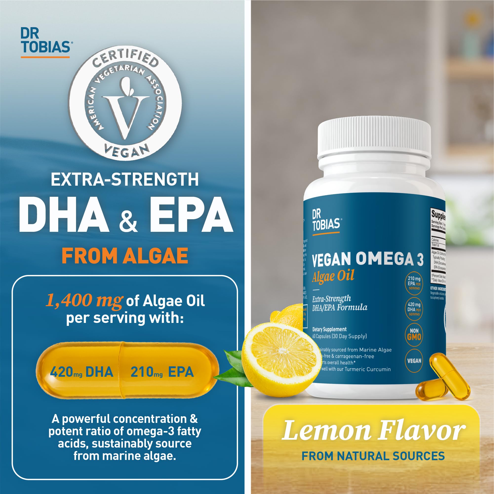 Dr. Tobias Vegan Omega 3 Algae Oil supplement facts label