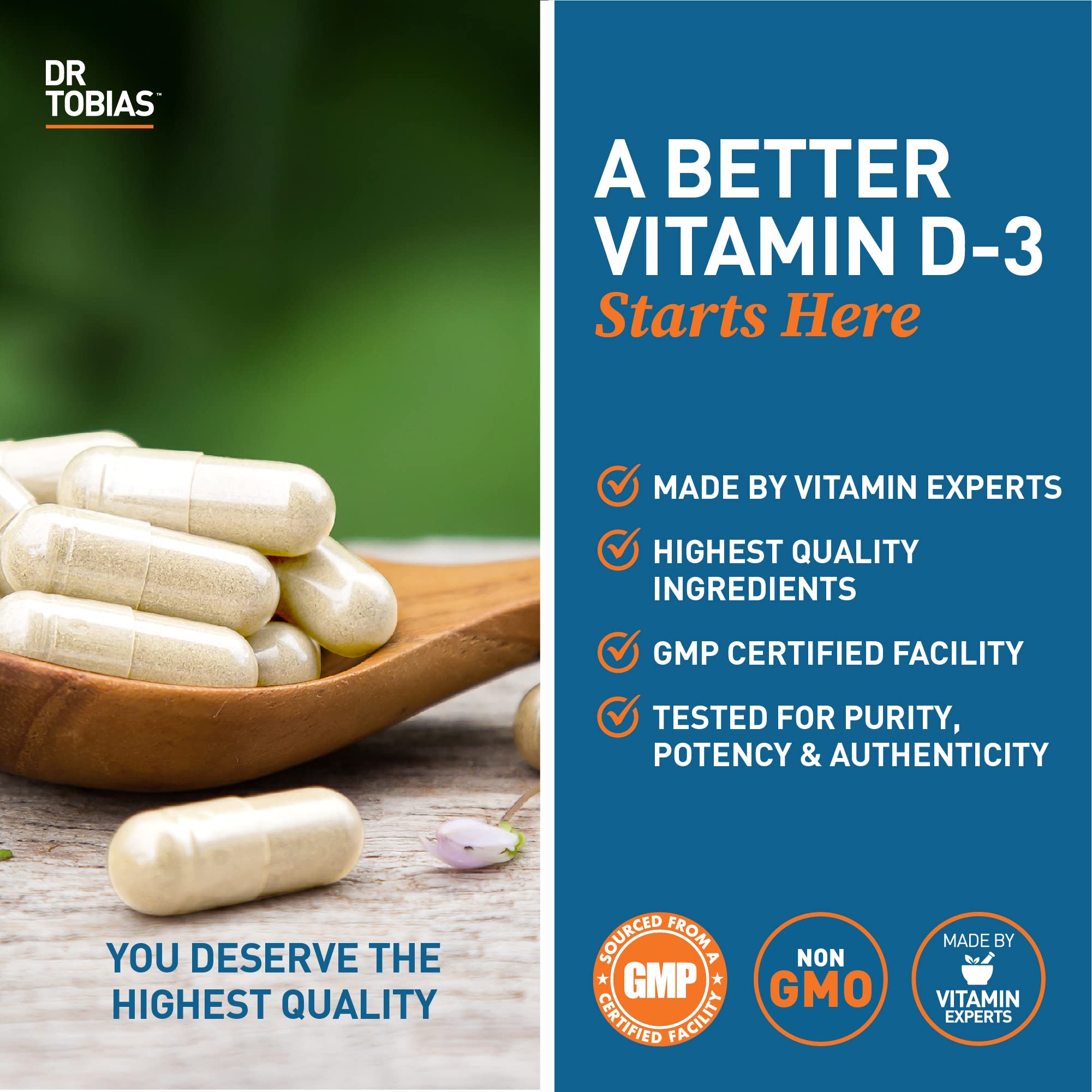Dr. Tobias Vitamin D-3 5000 IU capsules in a hand