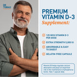 Dr. Tobias Vitamin D-3 5000 IU capsules on a wooden table