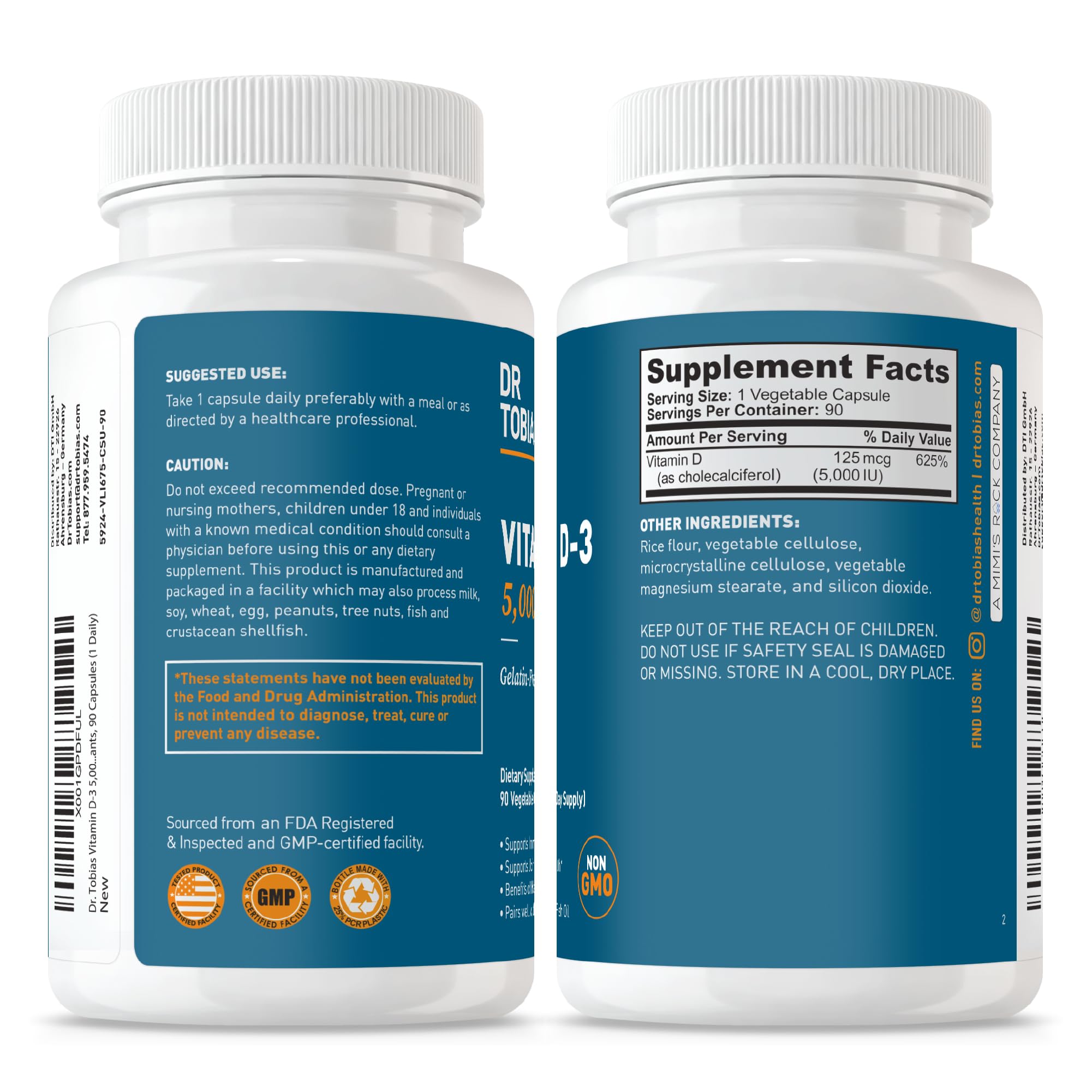 Dr. Tobias Vitamin D-3 5000 IU capsules with ingredients list