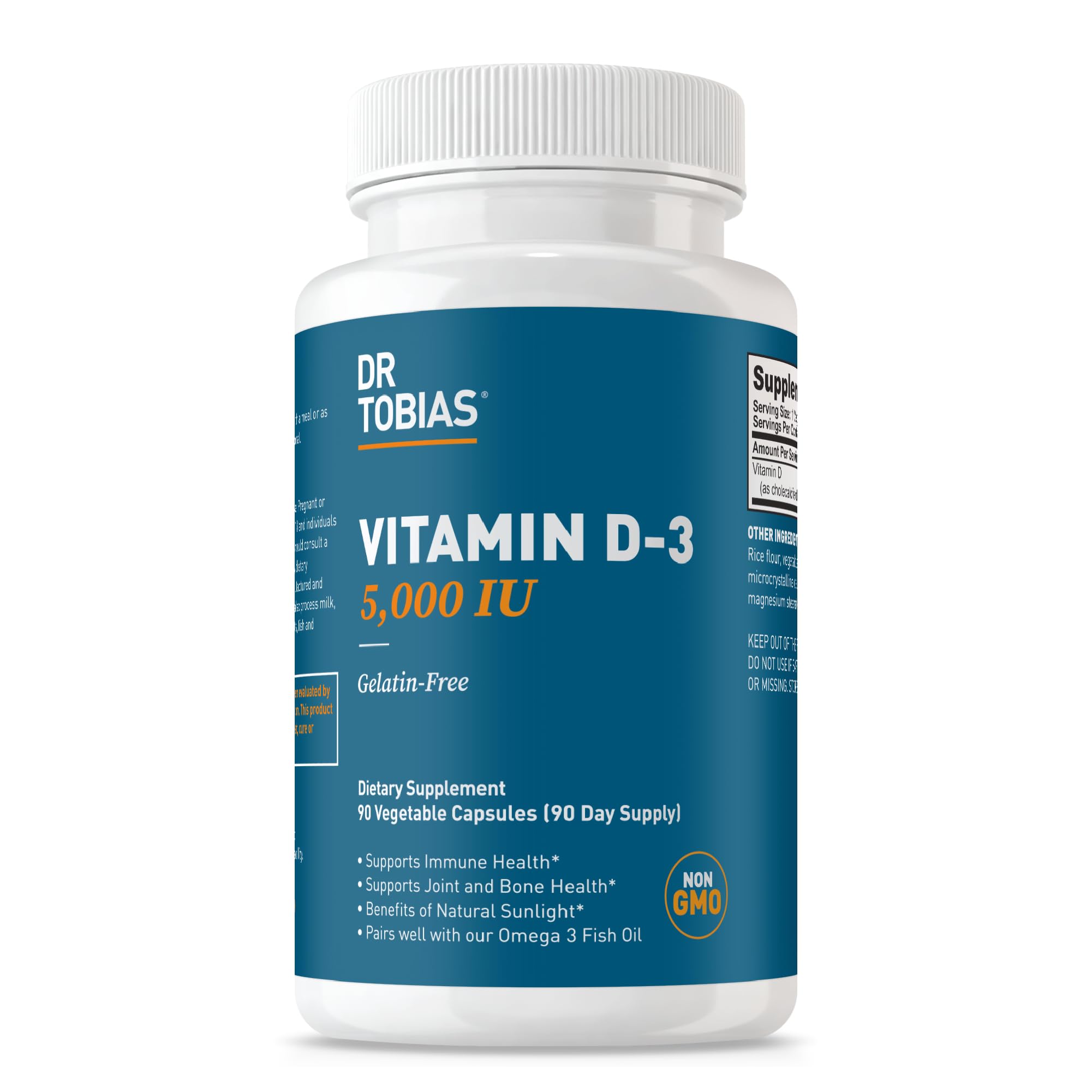 Dr. Tobias Vitamin D-3 5000 IU gelatin-free capsules front view