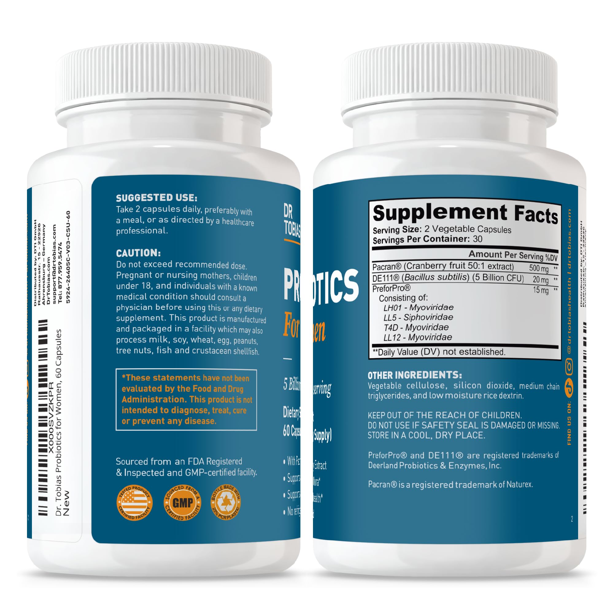 Dr. Tobias Women's Probiotics 5 Billion CFU capsules in a hand