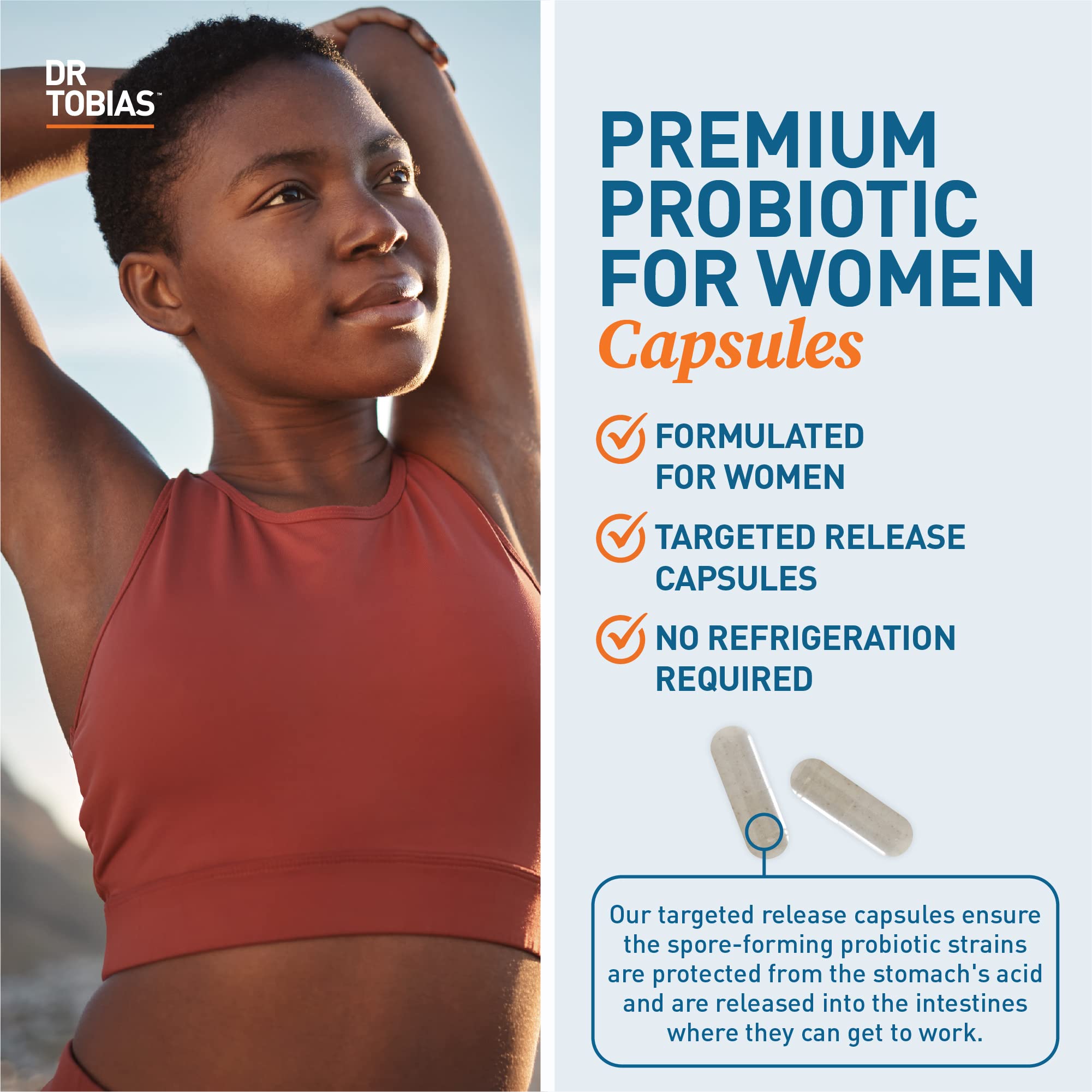 Dr. Tobias Women's Probiotics 5 Billion CFU capsules on a wooden surface