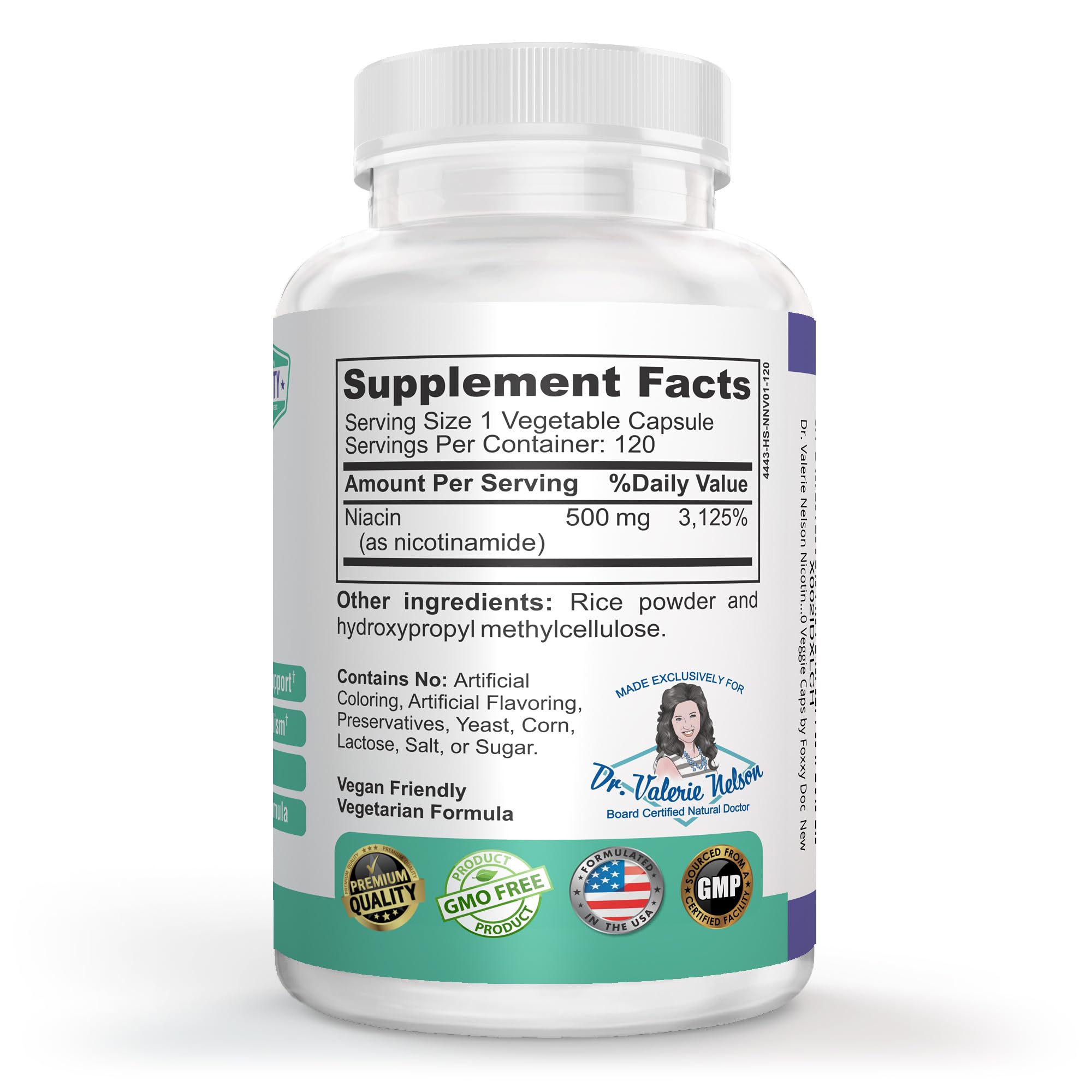 Dr. Valerie Nelson Nicotinamide Vitamin B3 500mg supplement side view