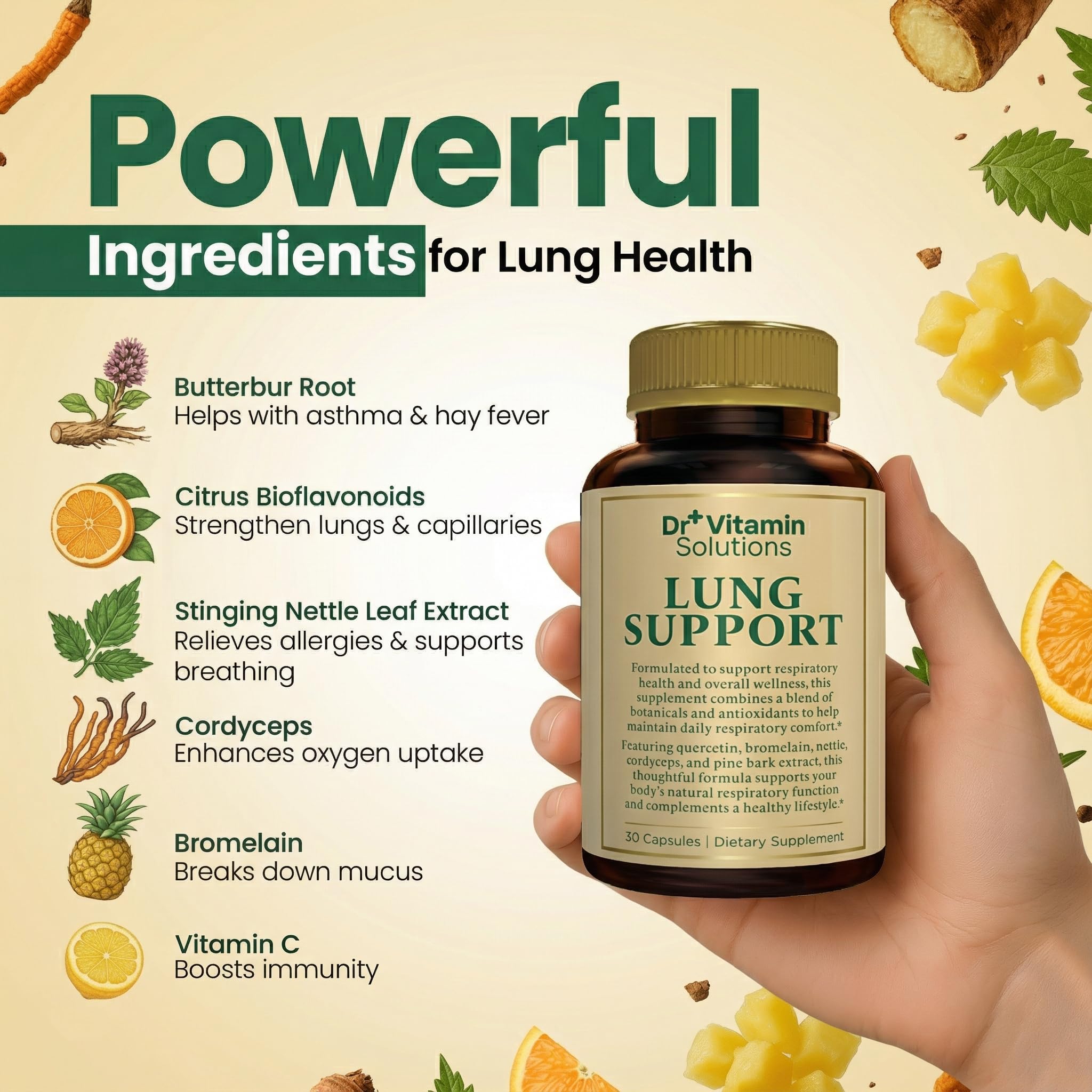 DR VITAMIN SOLUTIONS Lung Supplement capsules on a wooden table
