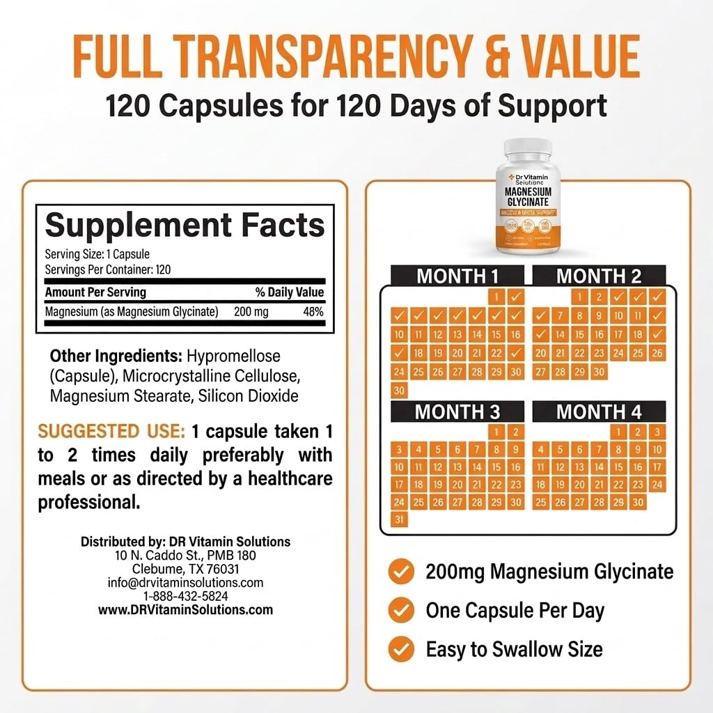 DR VITAMIN SOLUTIONS Magnesium Glycinate Capsules 200mg capsules on a table