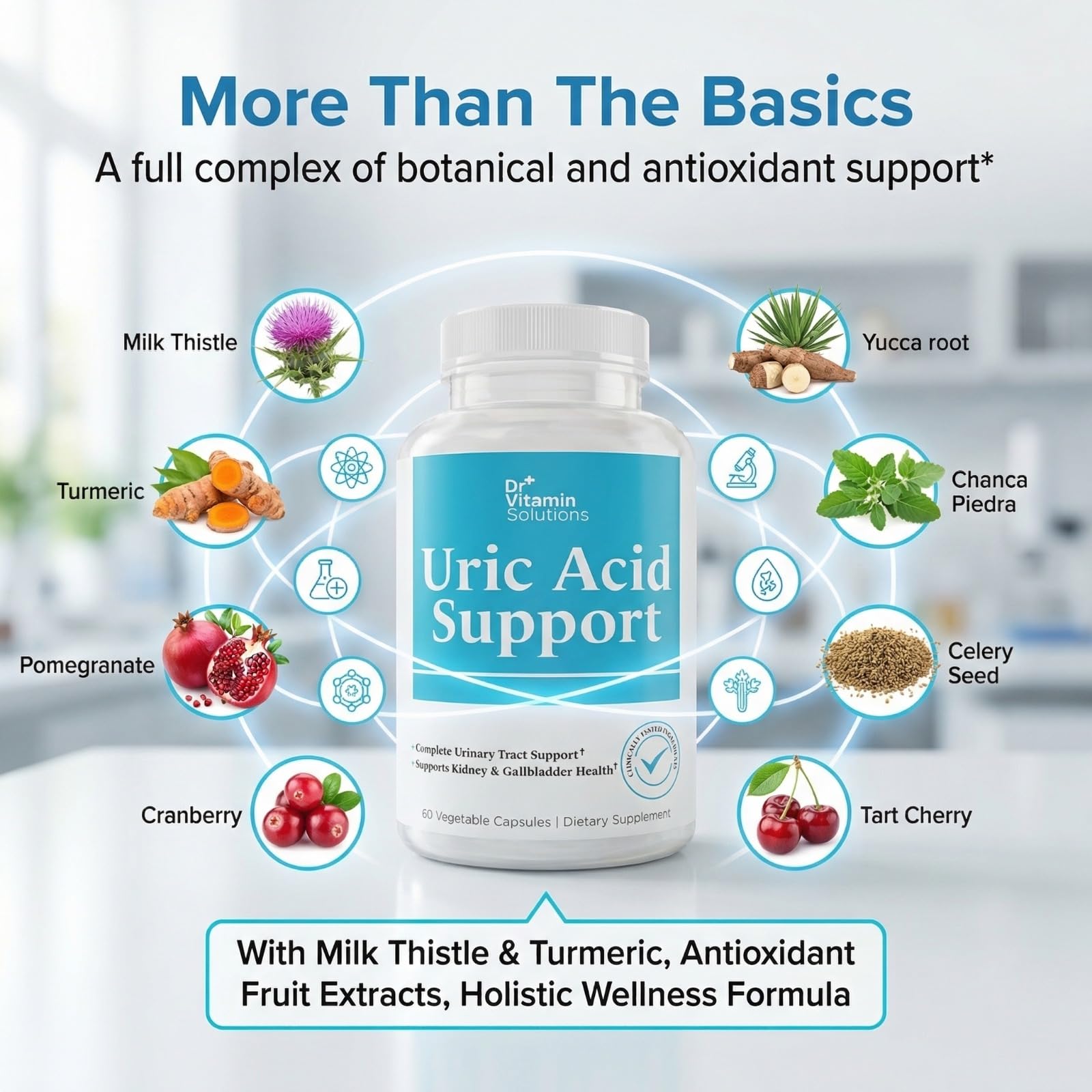 DR VITAMIN SOLUTIONS Uric Acid Support capsules on a wooden surface