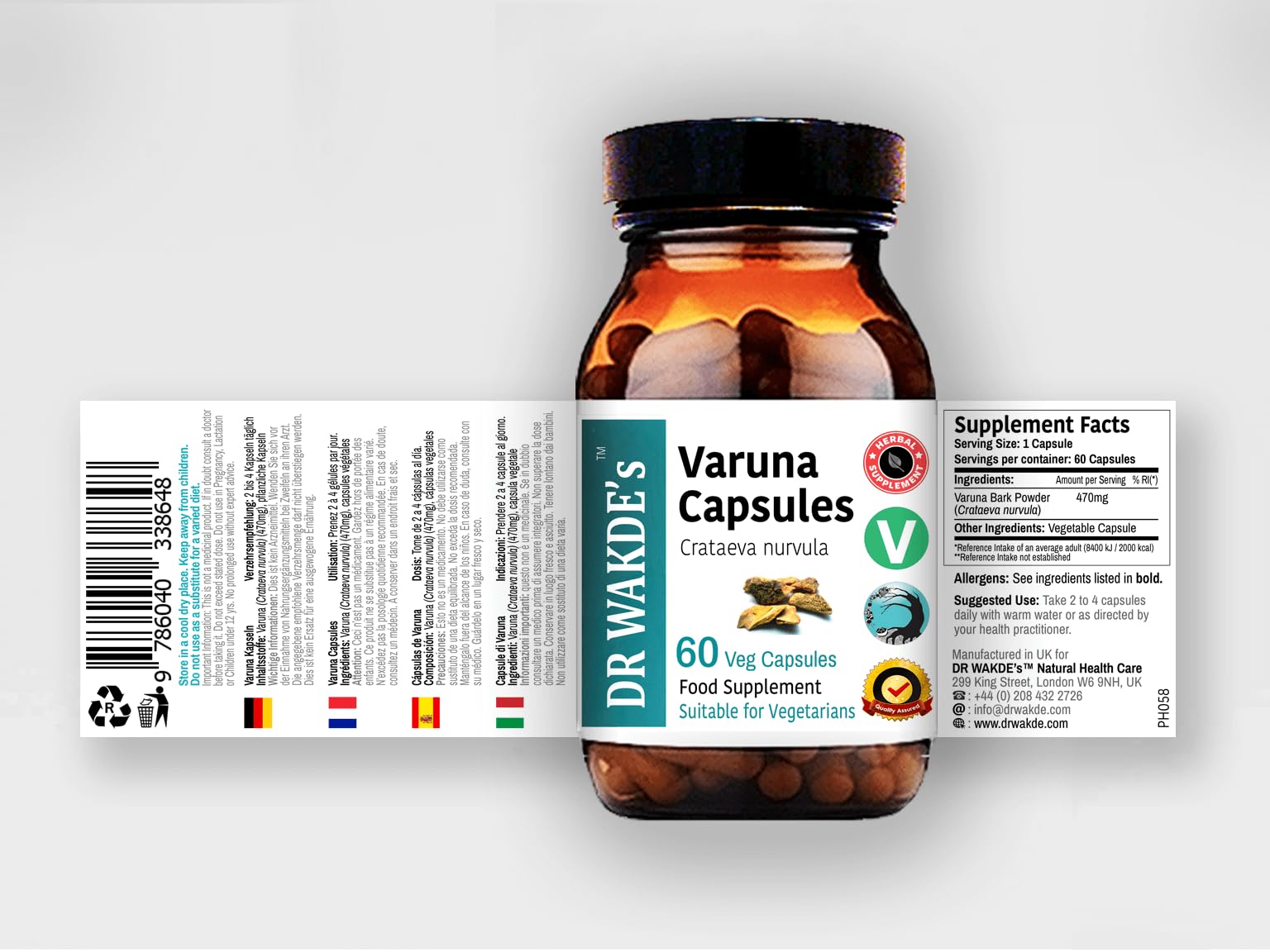 DR WAKDE's Varuna Bark Capsules 500mg capsules on a wooden surface