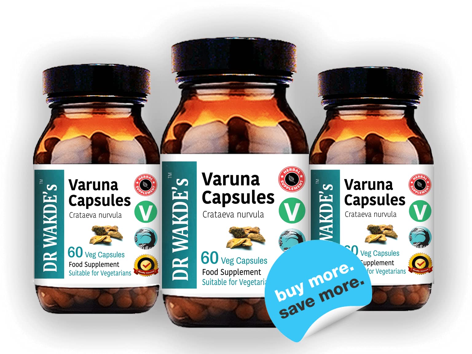 DR WAKDE's Varuna Bark Capsules 500mg displayed with herbs