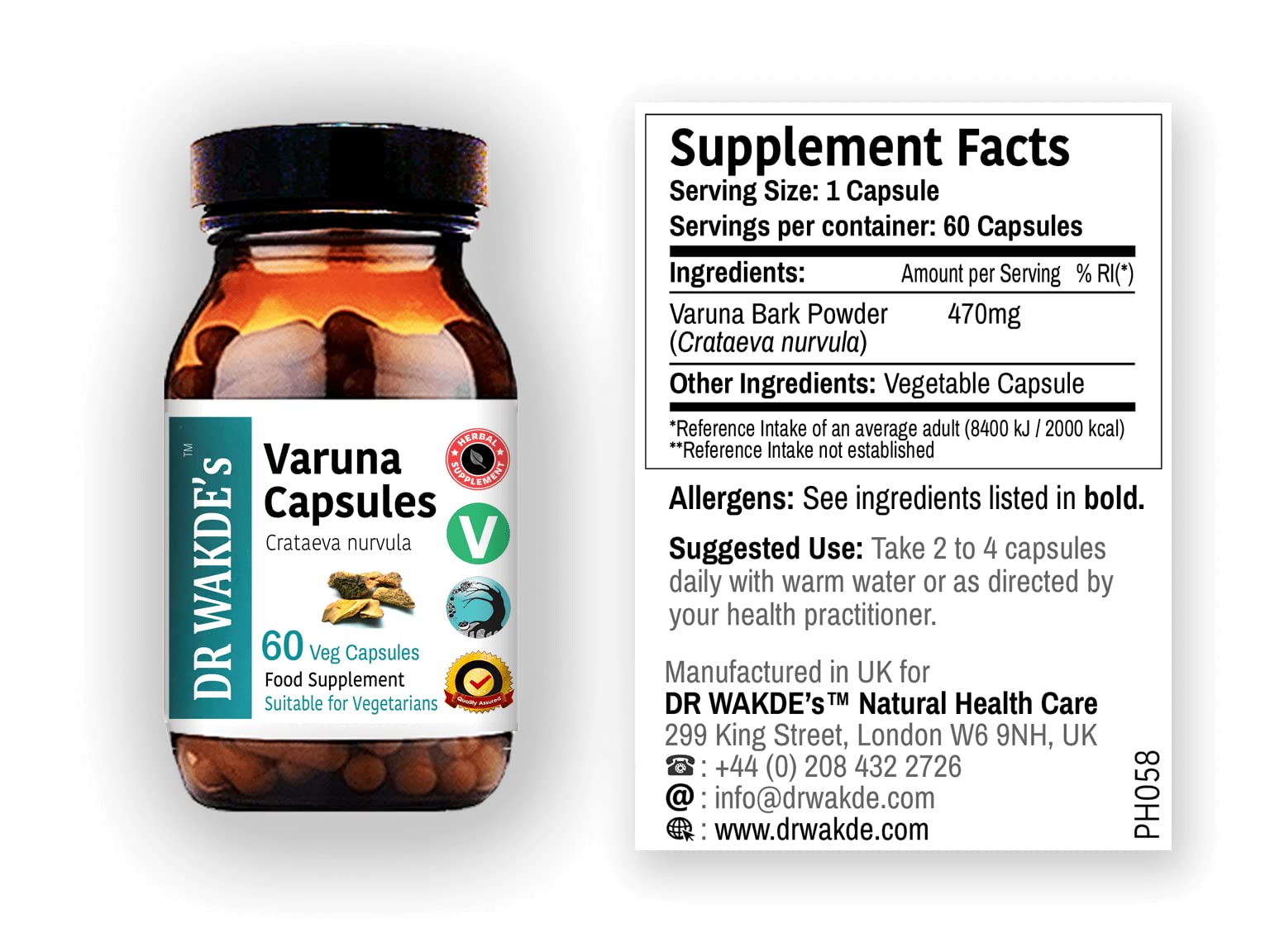 DR WAKDE's Varuna Bark Capsules 500mg label close-up