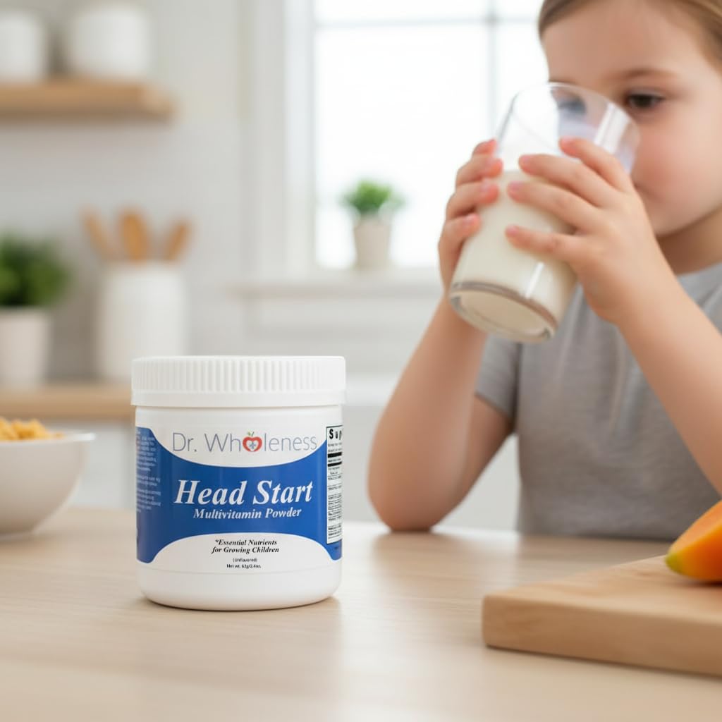 Dr. Wholeness Head Start Multivitamin Powder in a child's hand