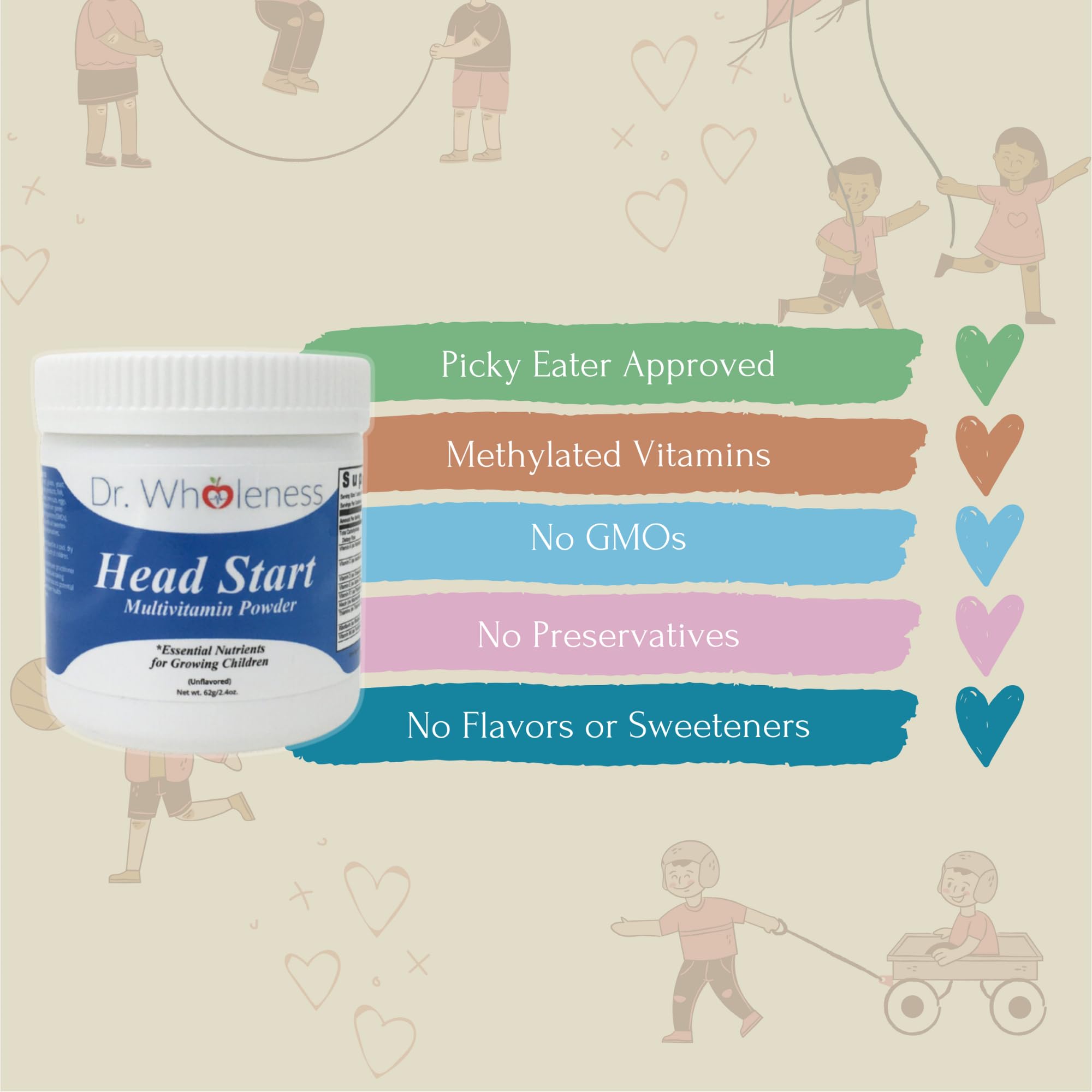 Dr. Wholeness Head Start Multivitamin Powder mixed in a glass of water