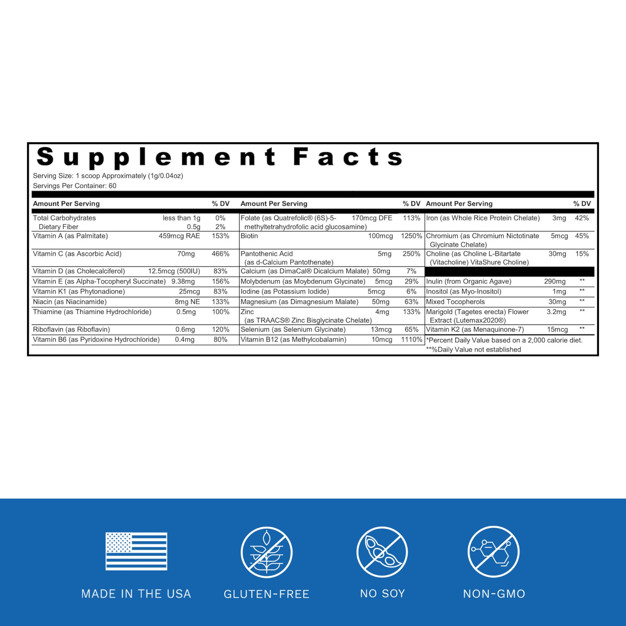 Dr. Wholeness Head Start Multivitamin Powder side view showing nutritional information