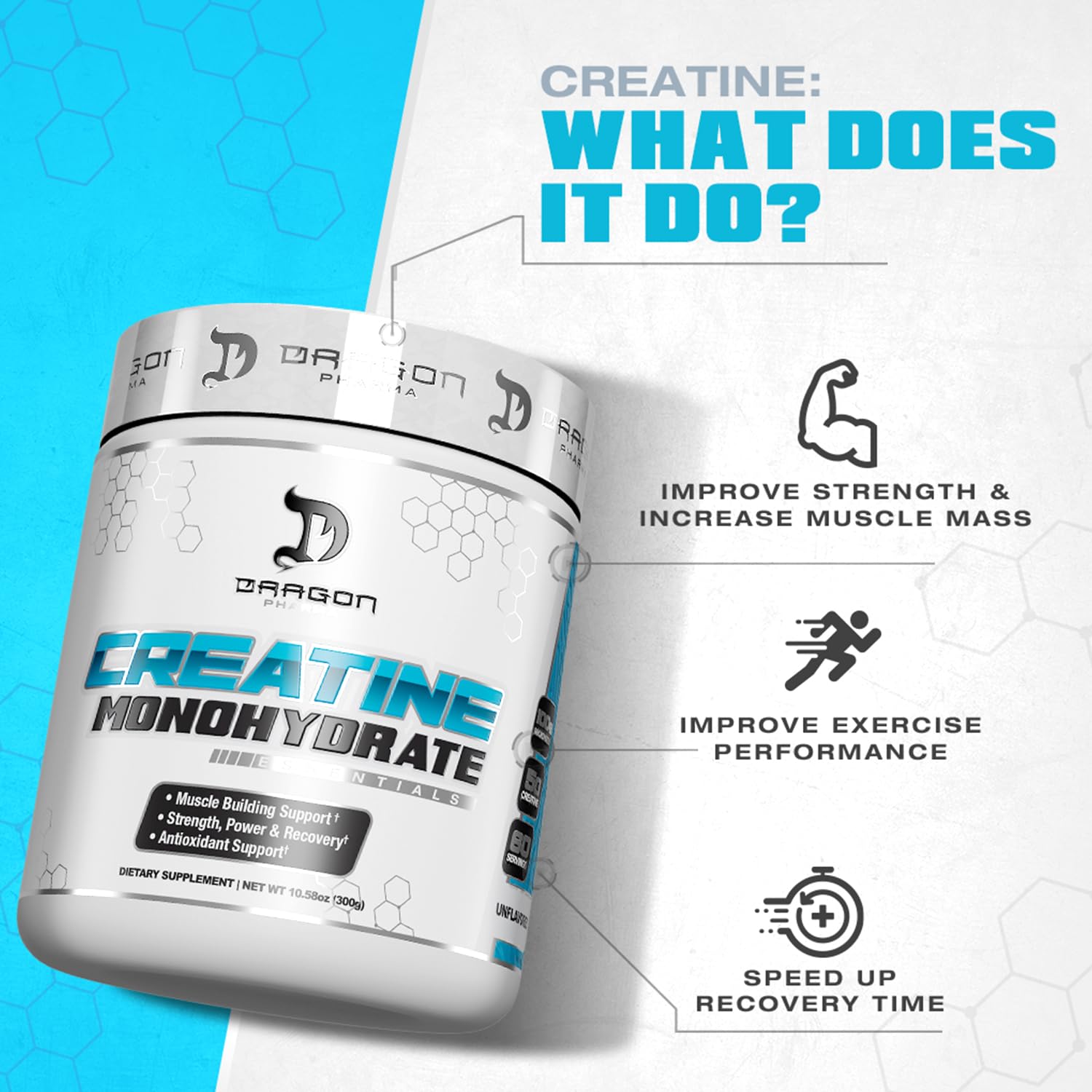 DRAGON PHARMA Creatine Monohydrate 300g on gym equipment