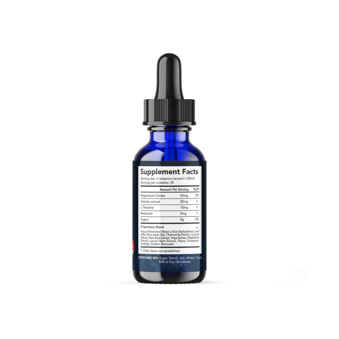 Dream Elements Liquid Sleep Drops 2oz bottle with a glass of water