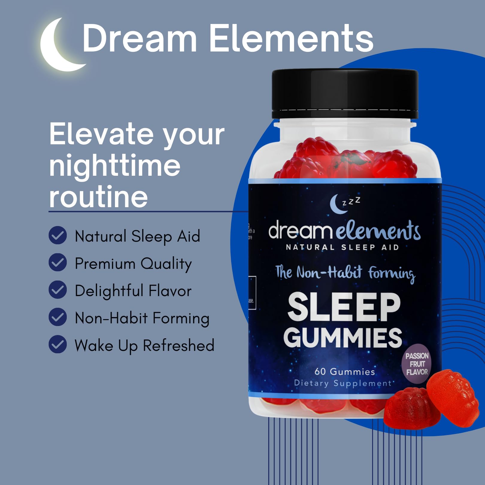 Dream Elements Sleep Gummies packaging with 60ct label
