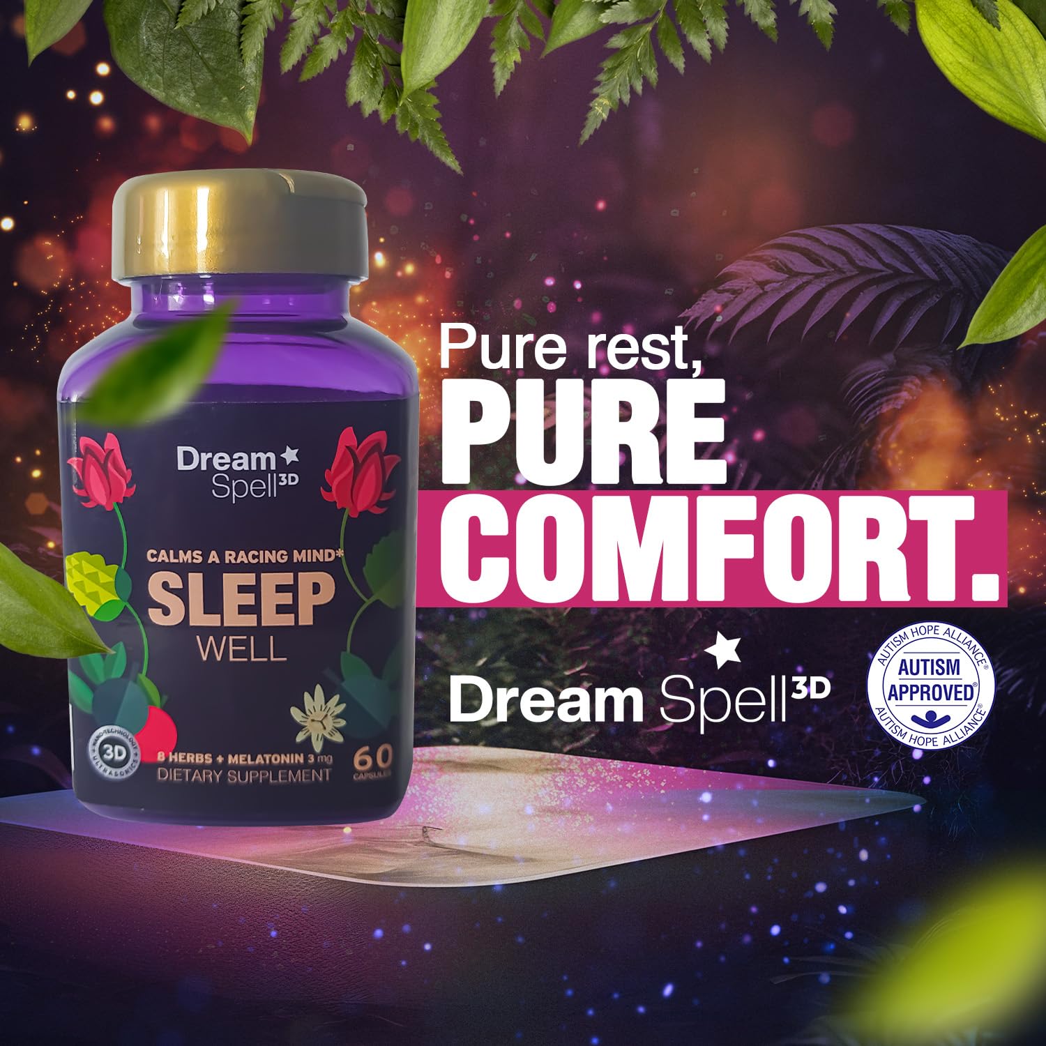 Dream Spell 3D Natural-Based Sleep Aid capsule on a wooden surface