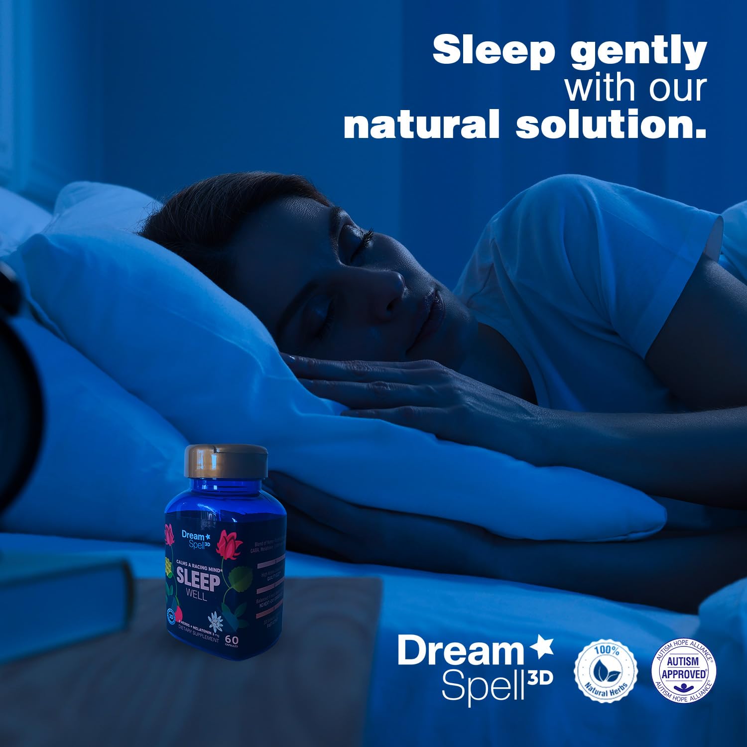 Dream Spell 3D Natural-Based Sleep Aid with a glass of water
