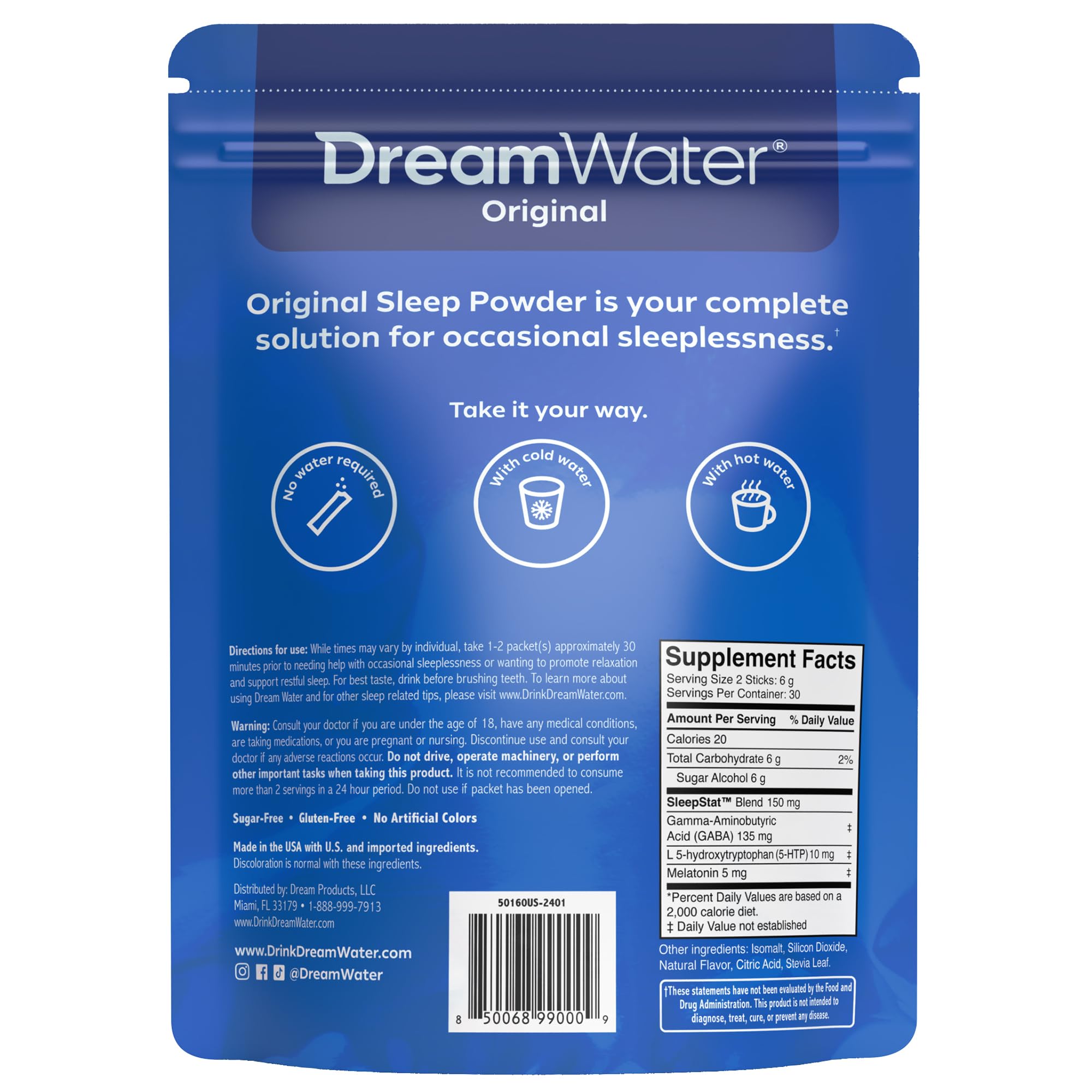 Dream Water Sleep Powder sticks displayed on a table