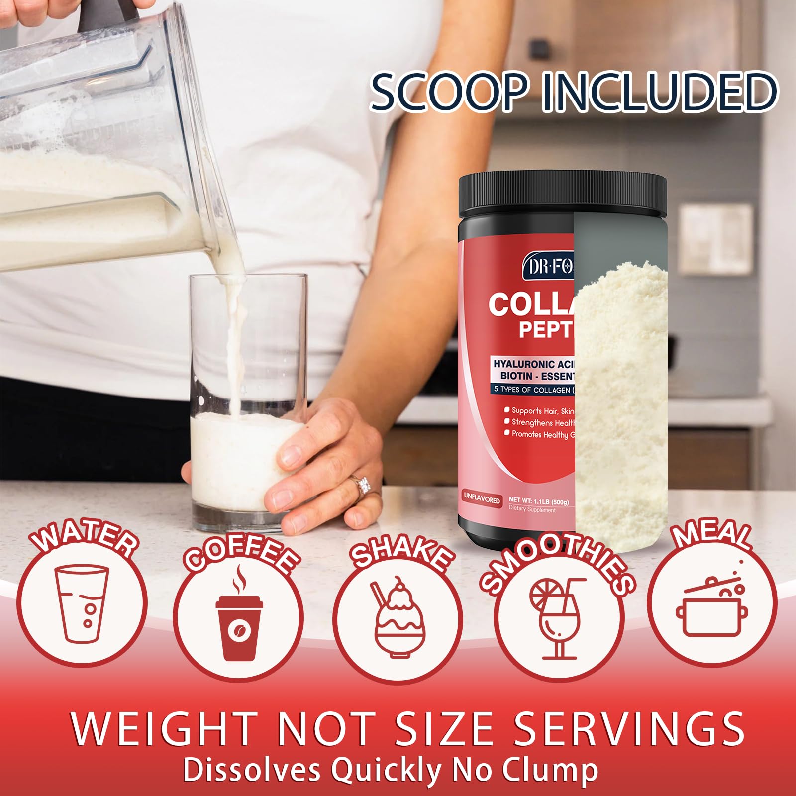 DRFOSTER Collagen Complex 500g in a kitchen setting