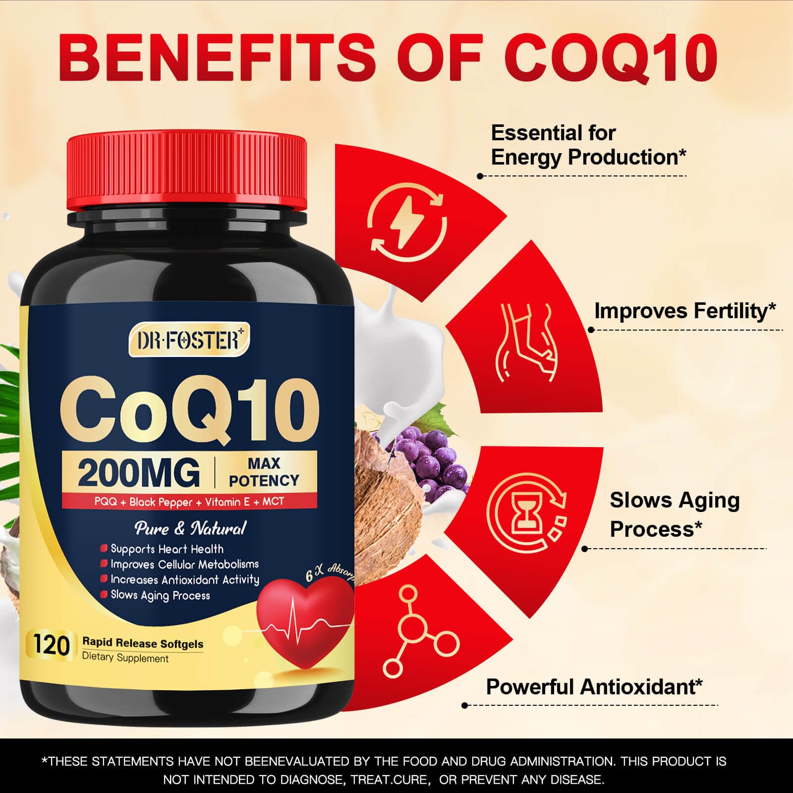 DRFOSTER CoQ10 200mg softgel bottle with measuring spoon