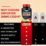 DRFOSTER CoQ10 softgel bottle with a glass of water