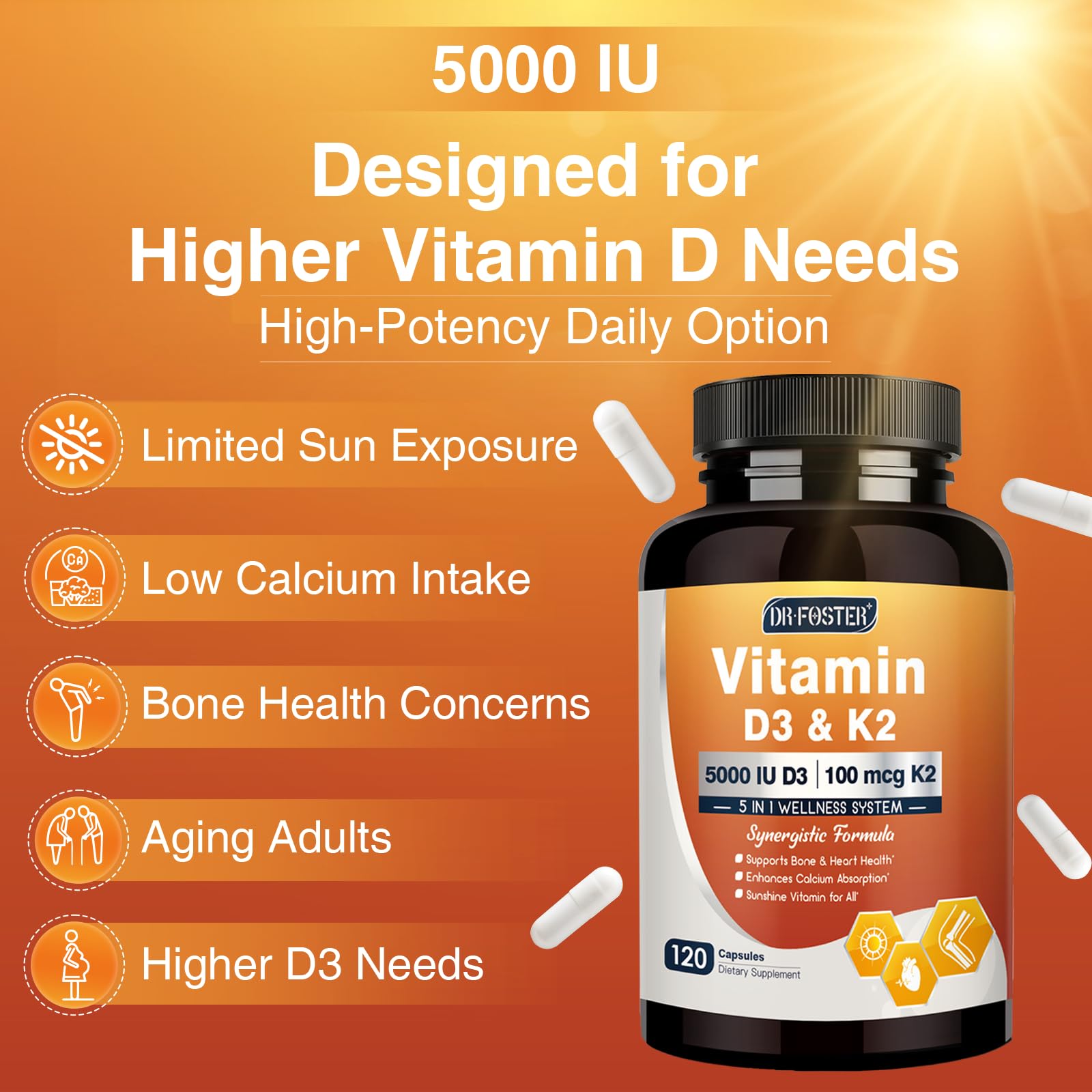 DRFOSTER Vitamin D3 K2 E Supplement 5000 IU packaging