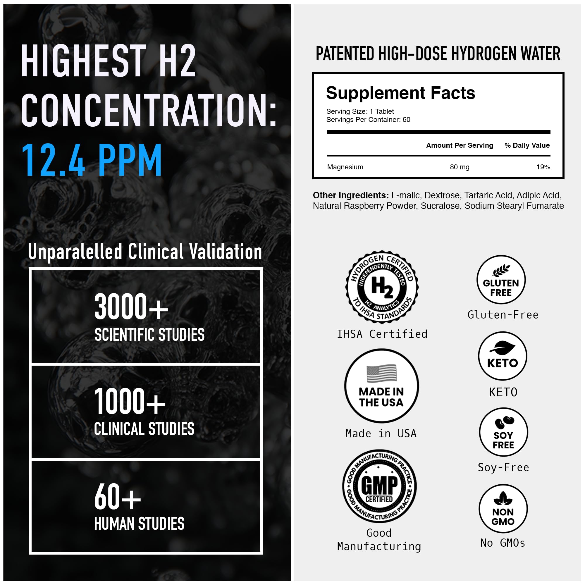 DRINK HRW Hydrogen Tablets back view with ingredients