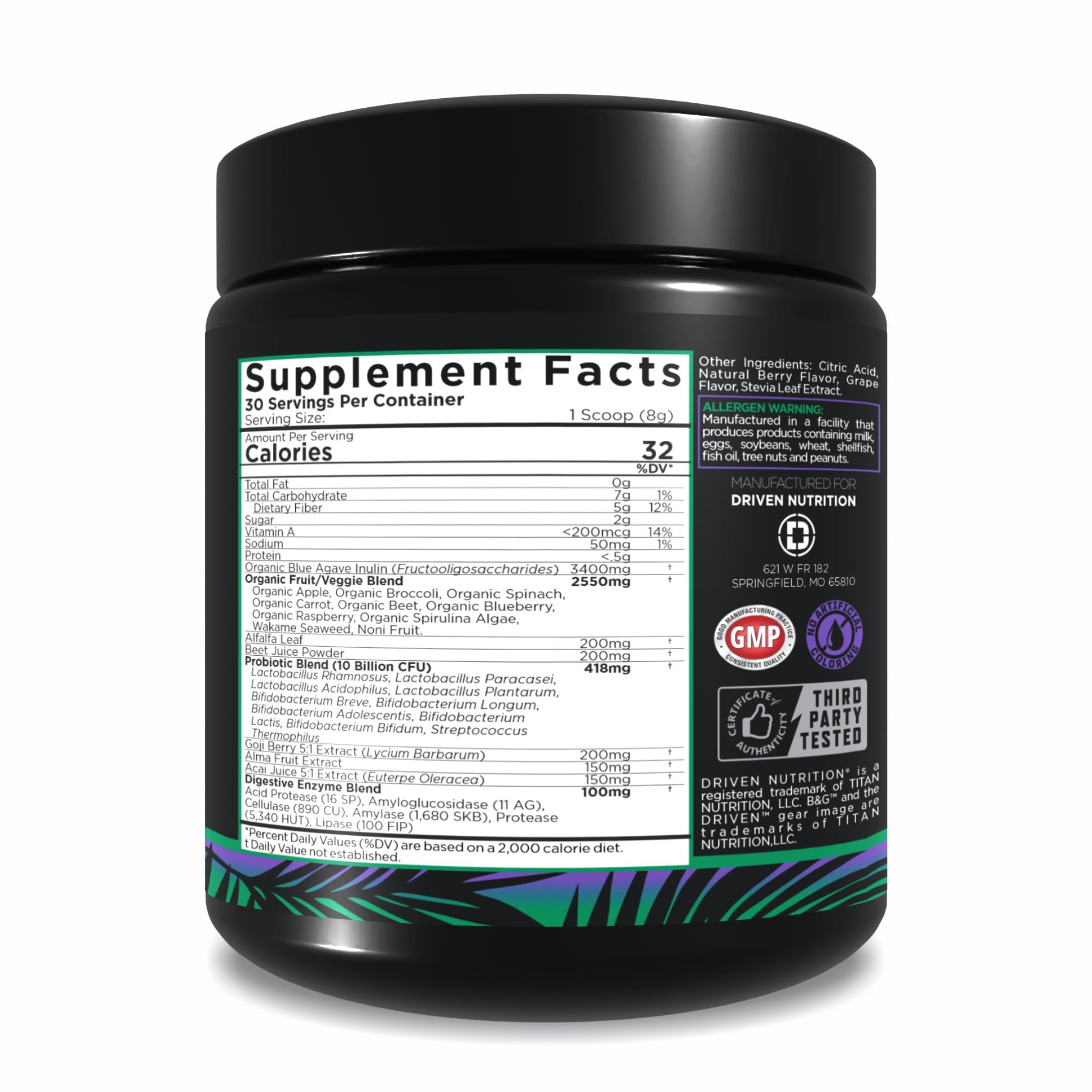 Driven Nutrition Berries & Greens 240g nutritional information