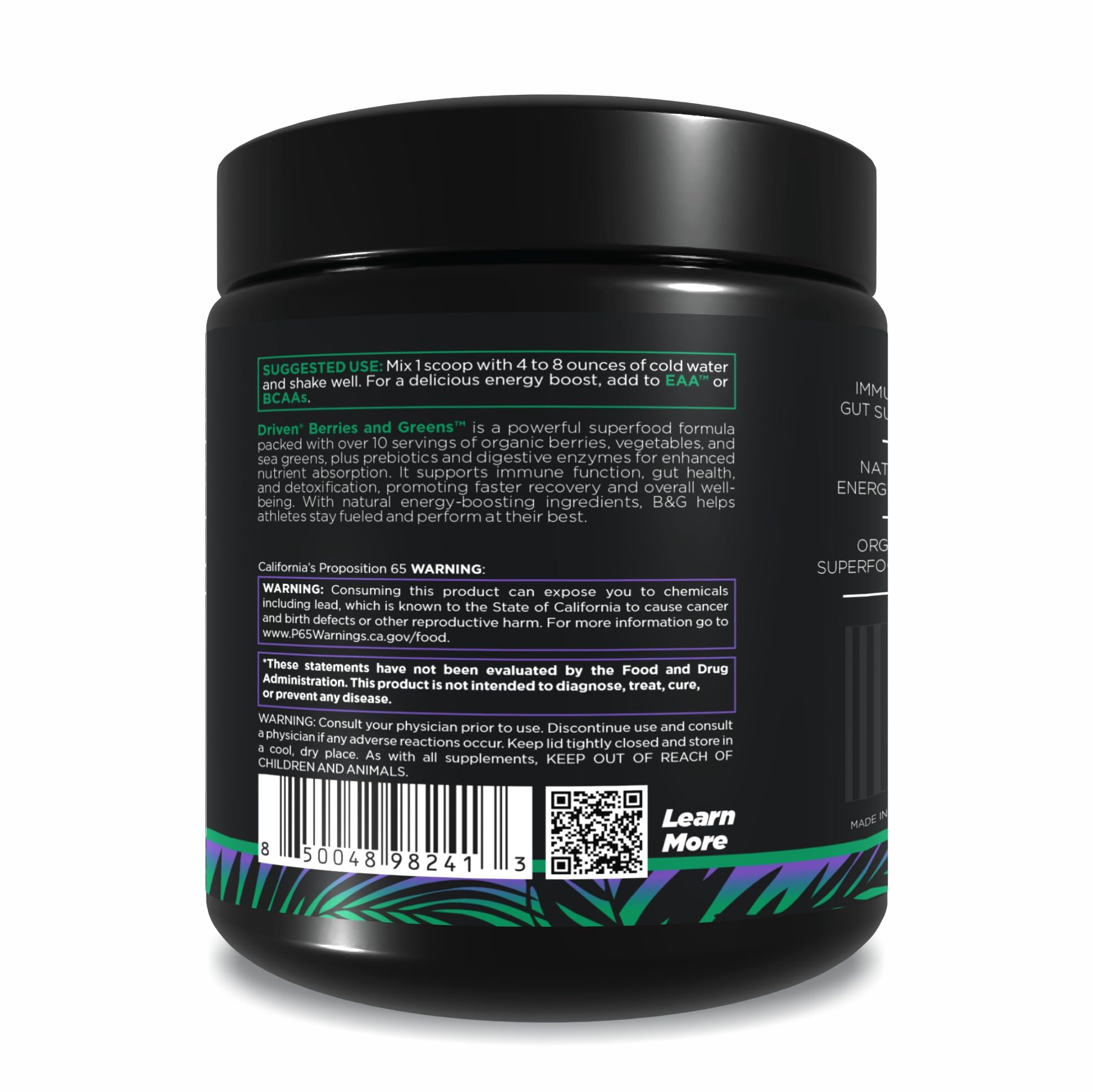 Driven Nutrition Berries & Greens 240g on a kitchen counter