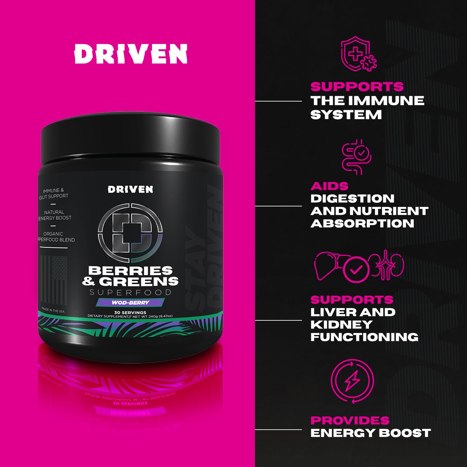 Driven Nutrition Berries & Greens 240g scoop with powder