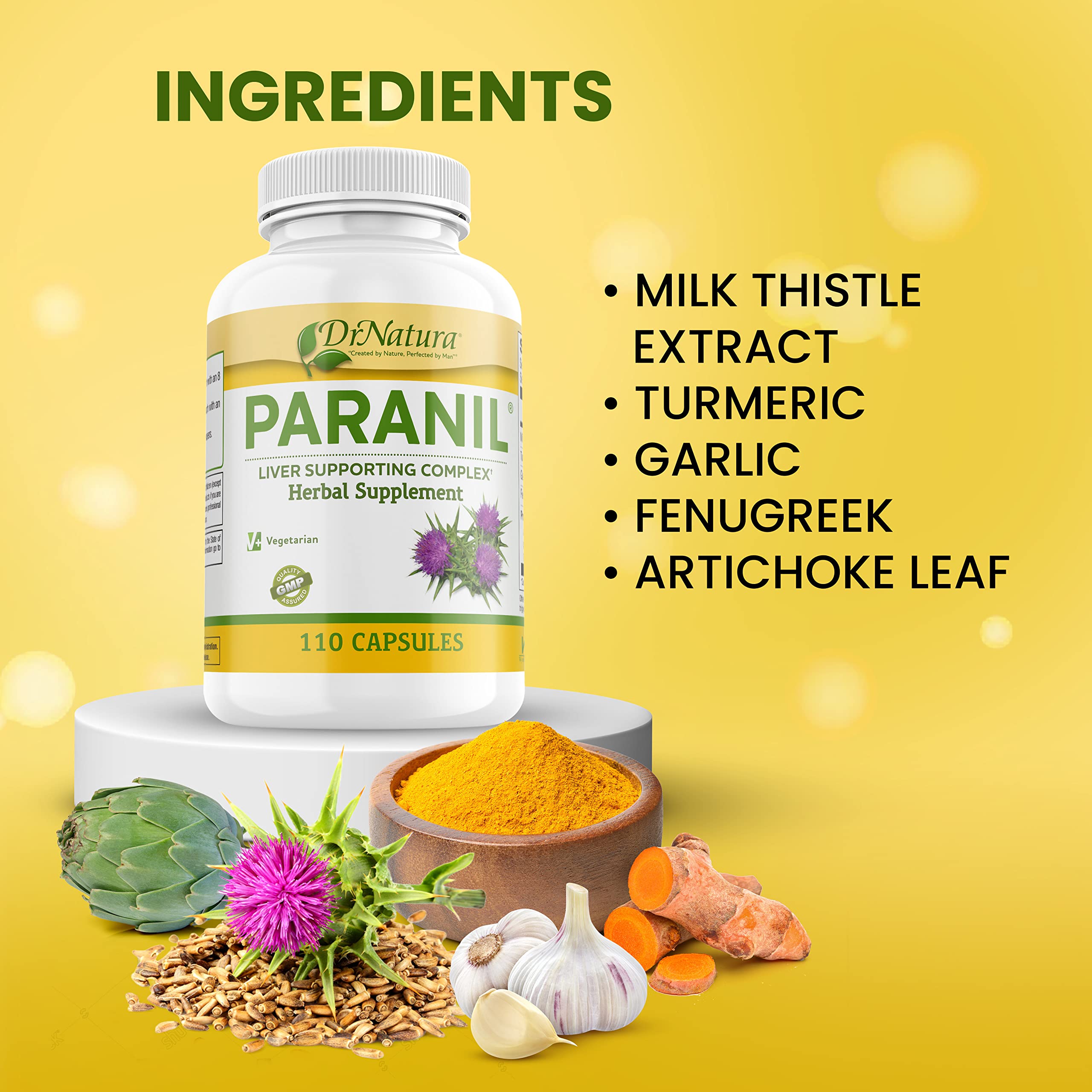 DrNatura Paranil Milk Thistle Supplement on a table with natural herbs