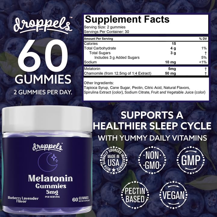 Droppels Melatonin Gummies 5mg displayed with chamomile flowers
