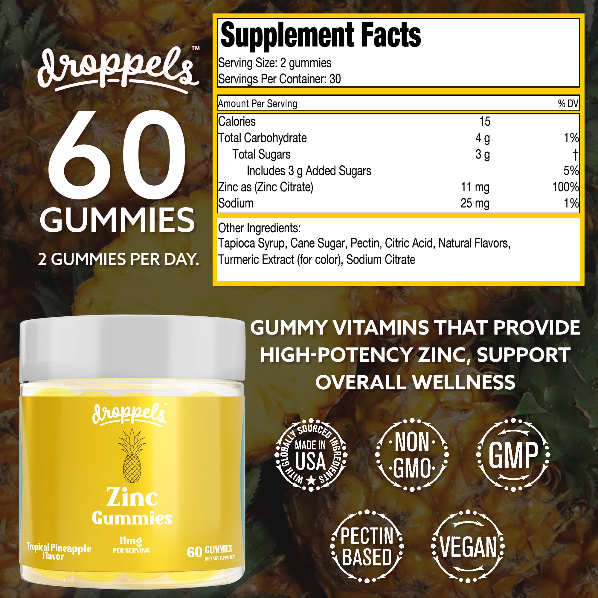 Droppels Zinc Citrate Gummies showing vegan label