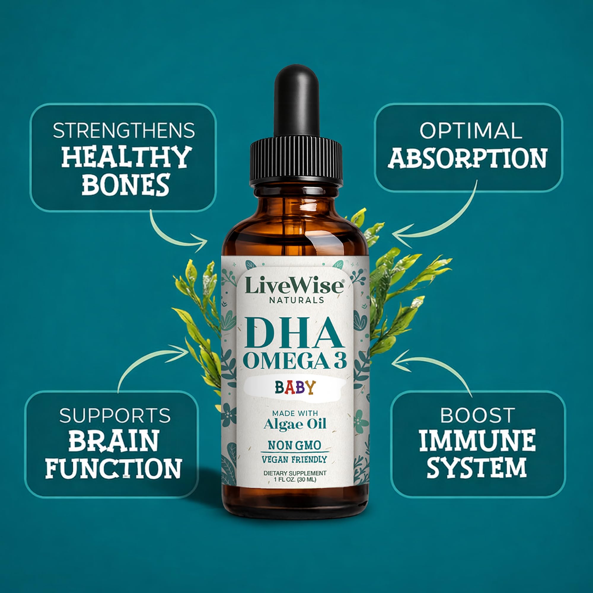 Dropper of Live Wise Naturals DHA Omega-3 Liquid