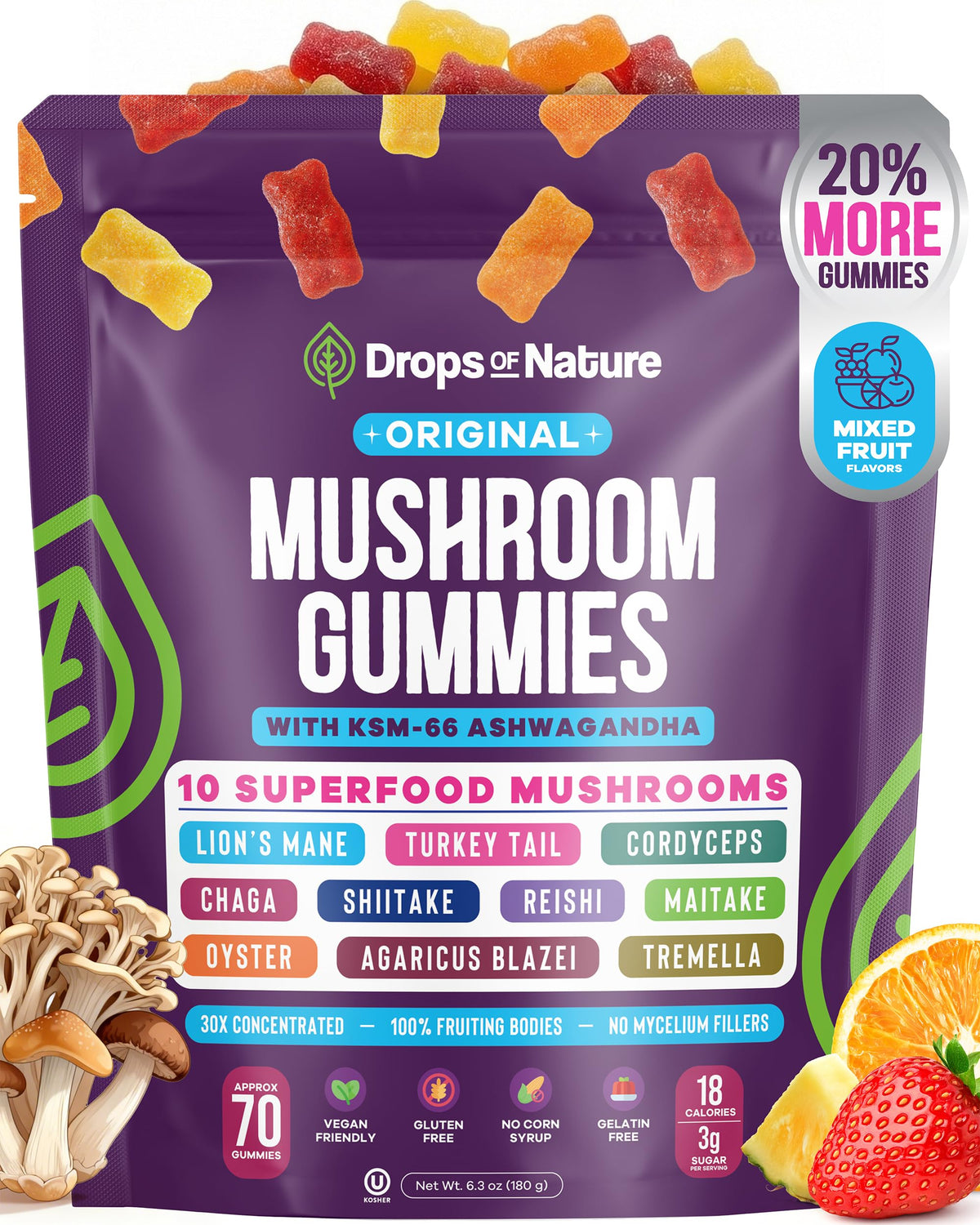 Drops Of Nature 10-in-1 Mushroom Gummies front view with packaging