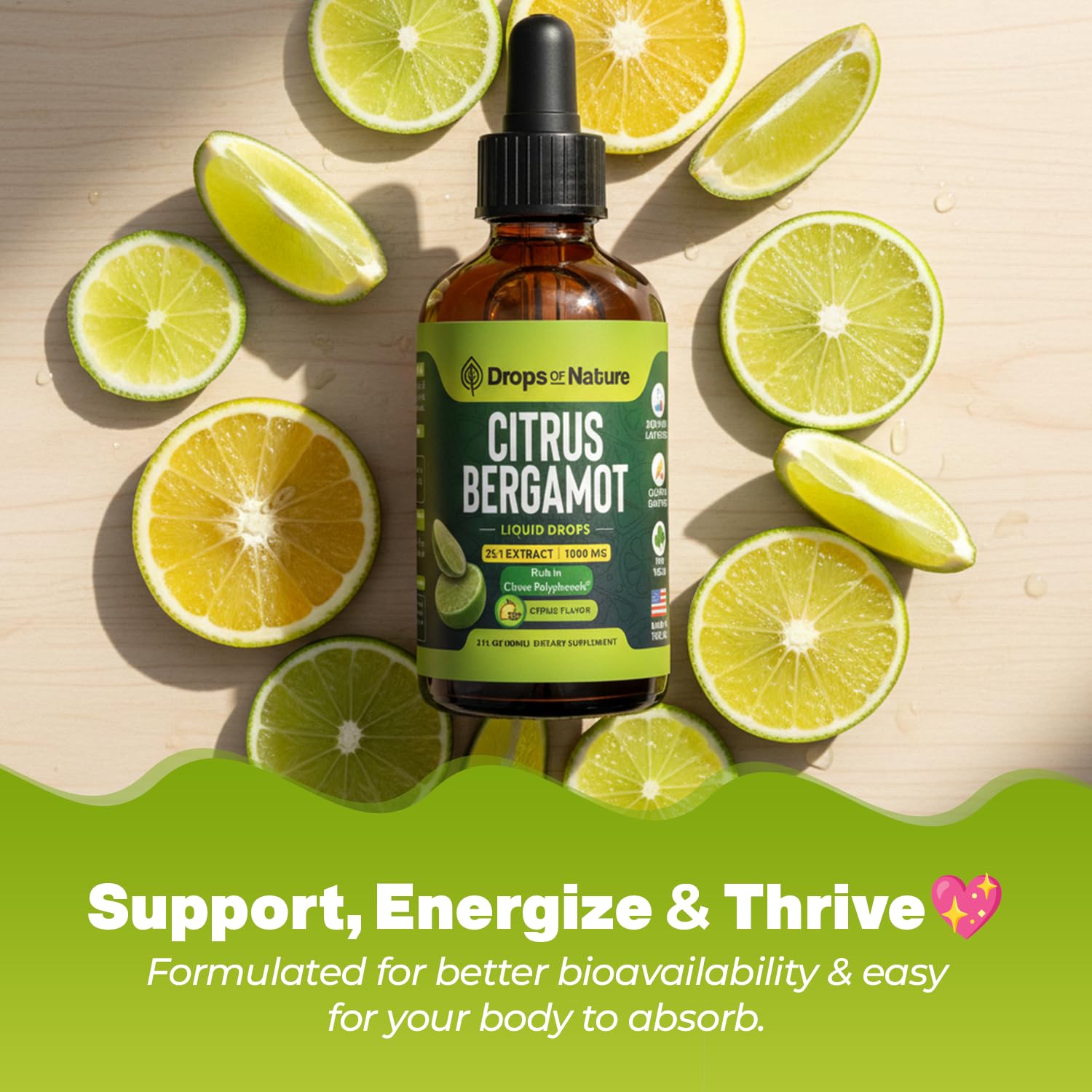 Drops Of Nature Citrus Bergamot 25:1 Supplement in a glass