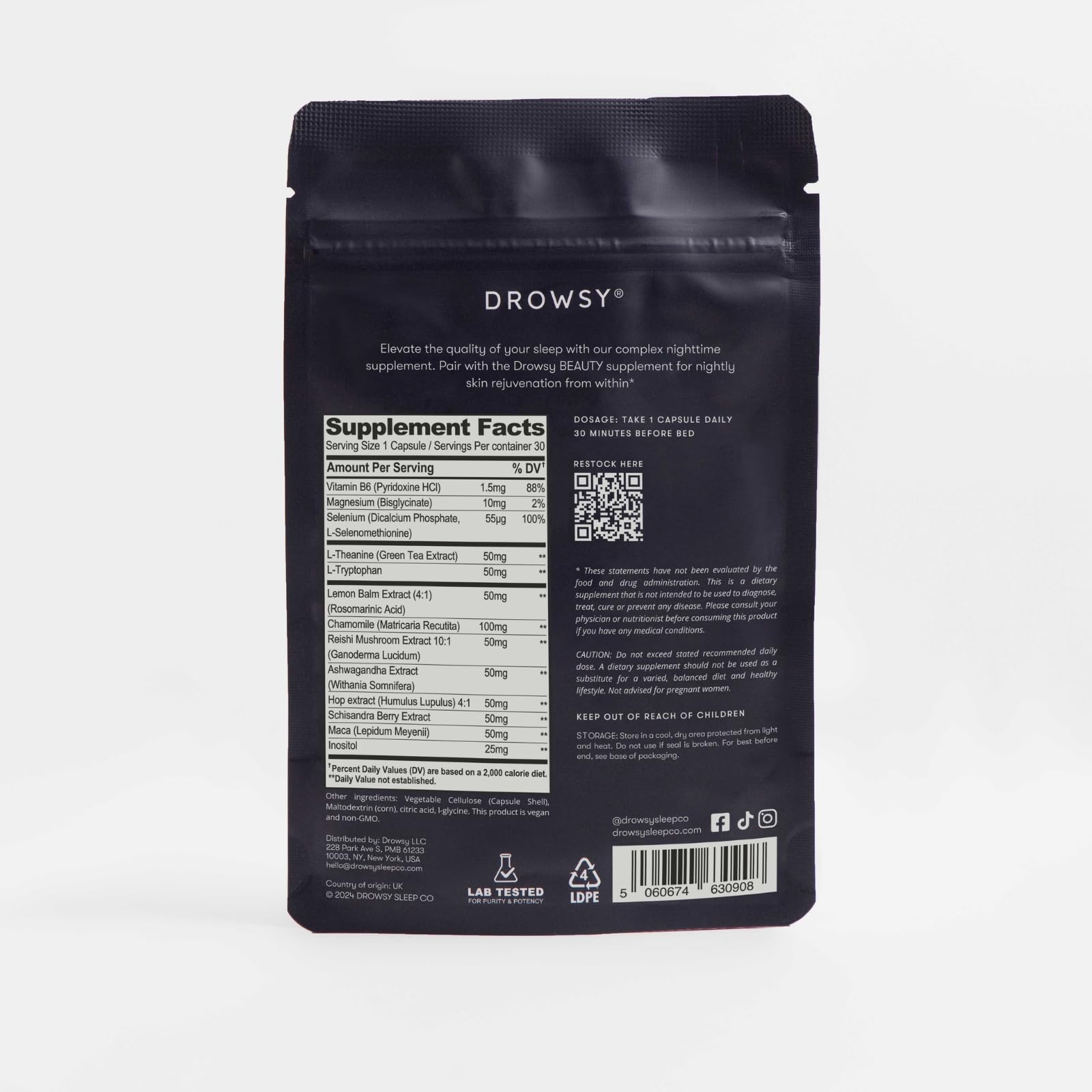 Drowsy Nighttime Sleep & Skin Supplement capsule bottle side view