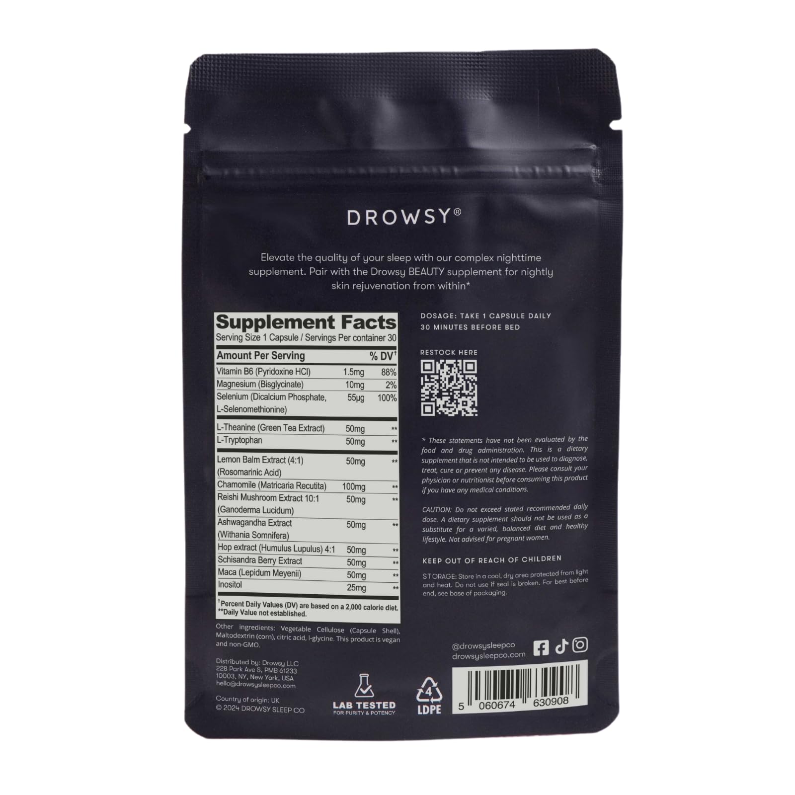 Drowsy Nighttime Sleep & Skin Supplement capsules on a wooden surface