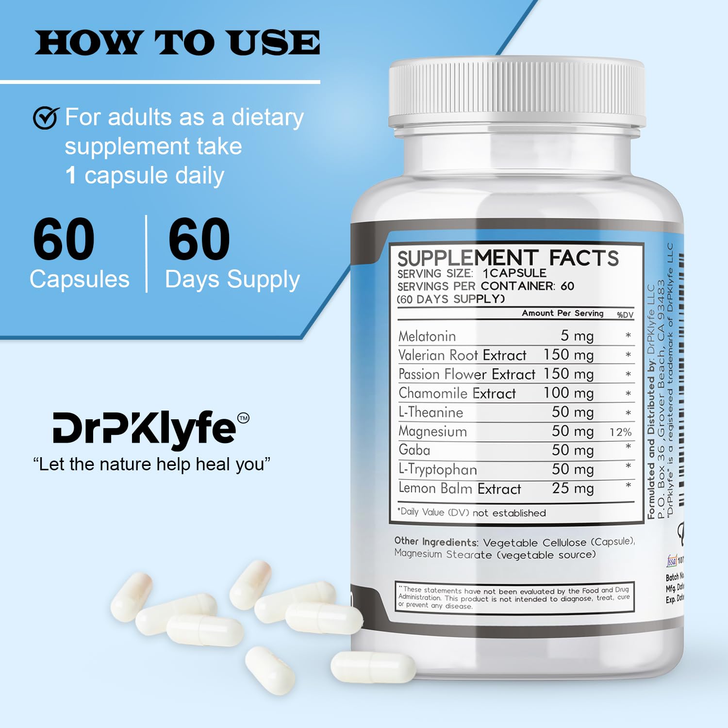 DrPKLyfe Sleep Aid Capsules with ingredients list