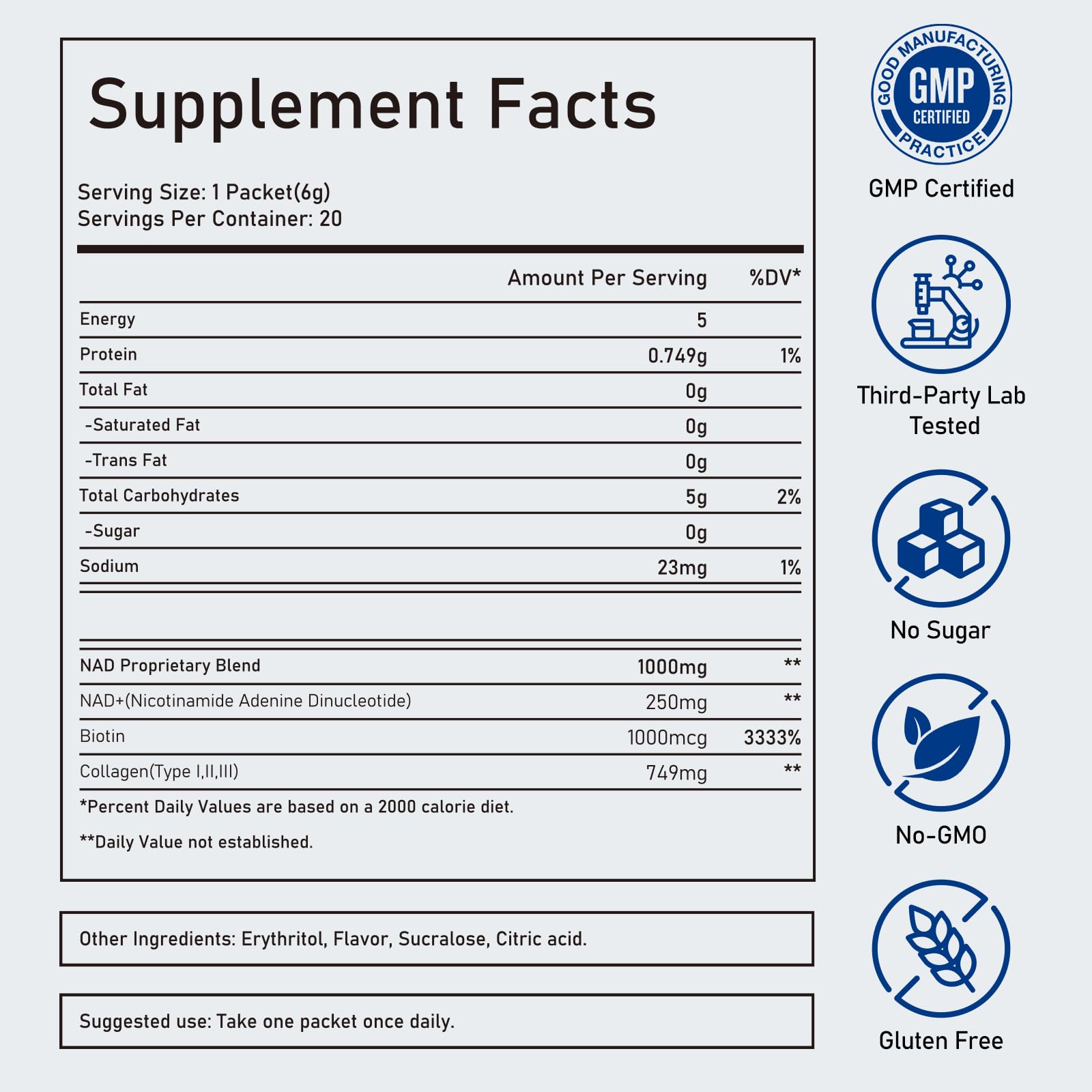 DSDD Biotin Supplement back view packaging with nutritional info
