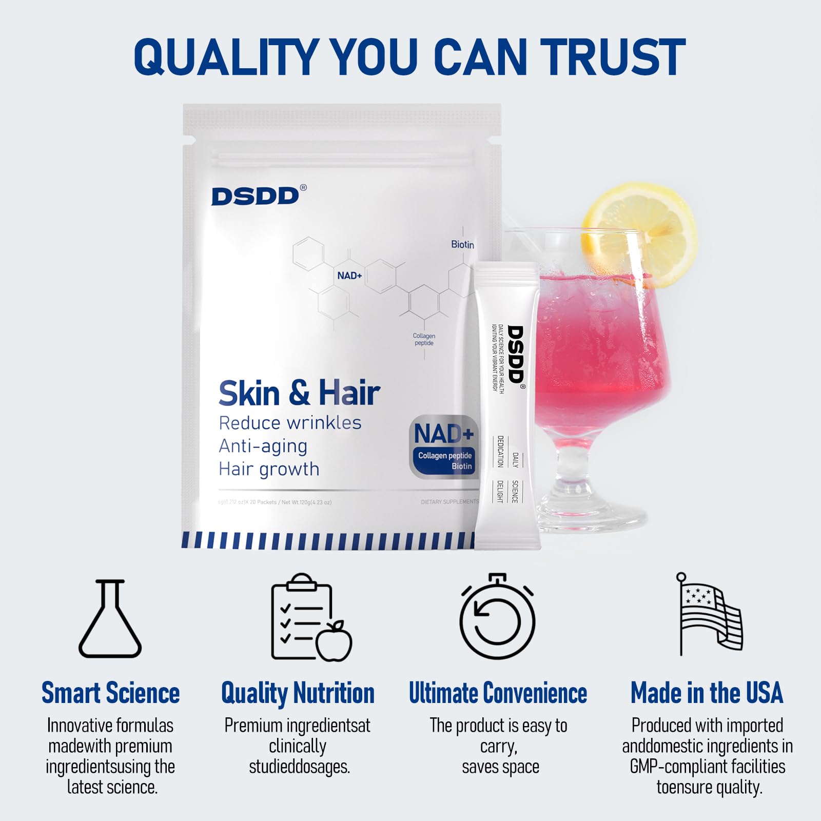 DSDD Biotin Supplement lifestyle scene with beauty products