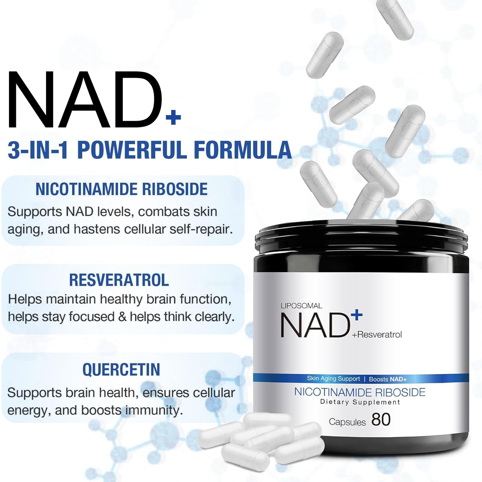 DUCRKACS NAD+ Nicotinamide Riboside Supplement capsules close-up