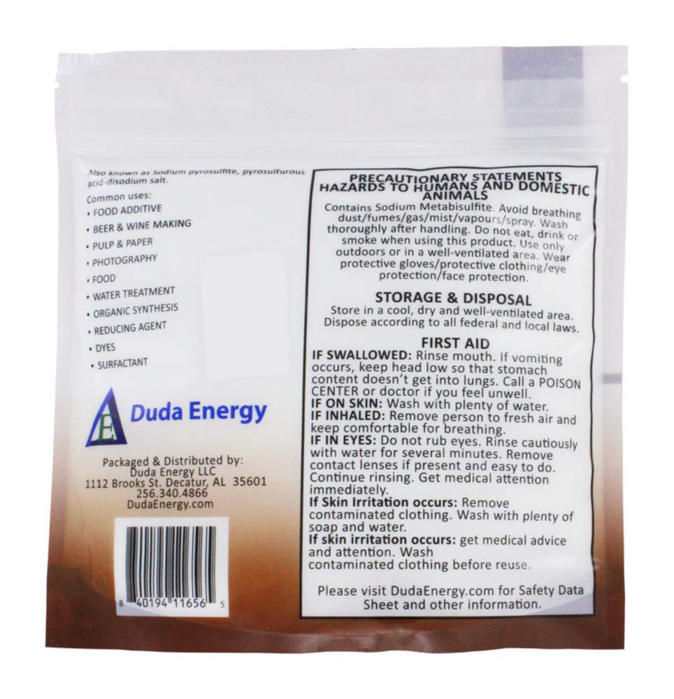 Duda Energy Sodium Metabisulfite 98.6% Pure 454g packaging detail