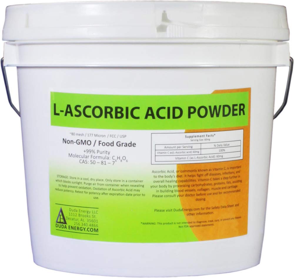 Duda Energy Vitamin C 99% Pure L-Ascorbic Acid 1 Gallon Pail front view