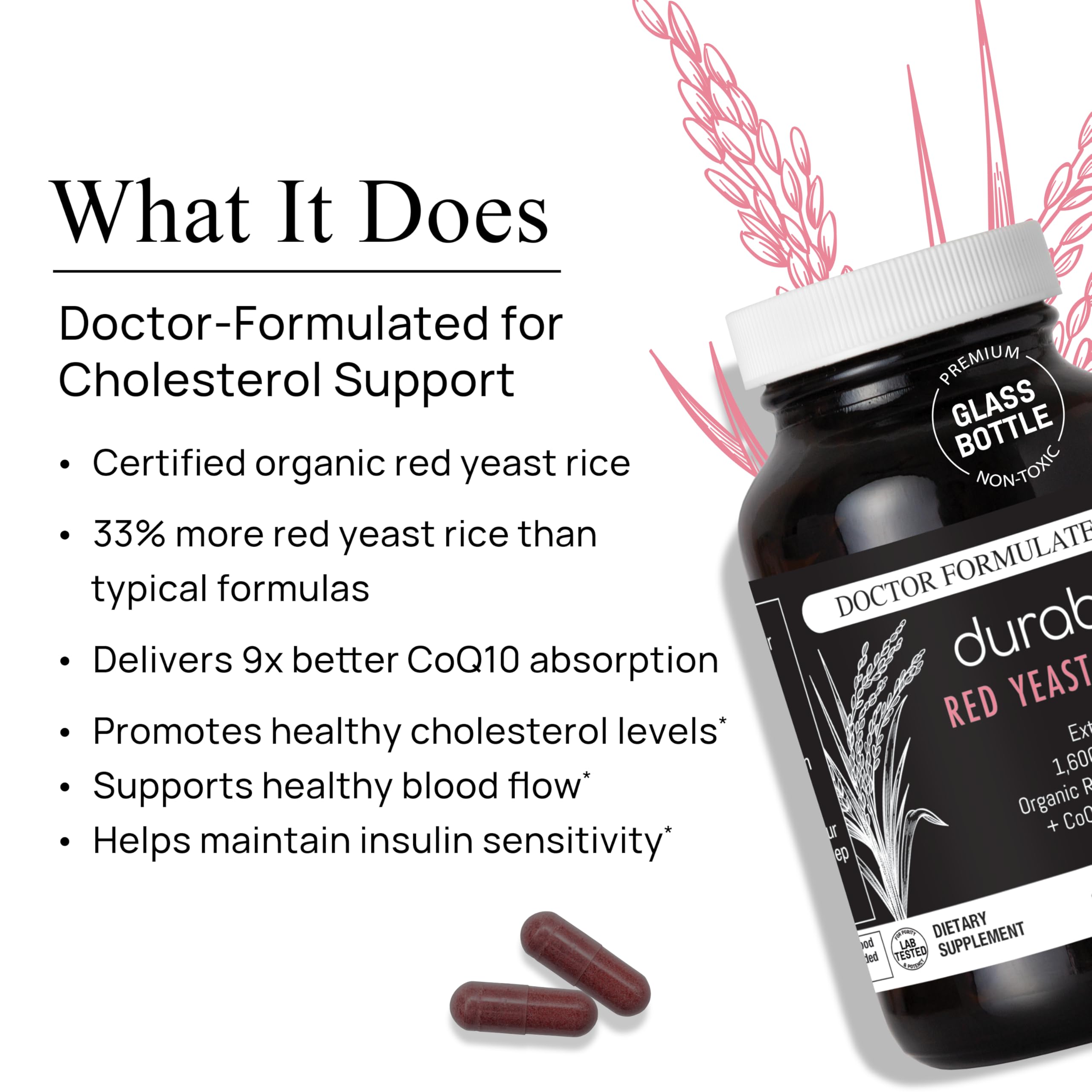 Durable CoQ10 Extra-Strength Red Yeast Rice 1600mg capsules back view