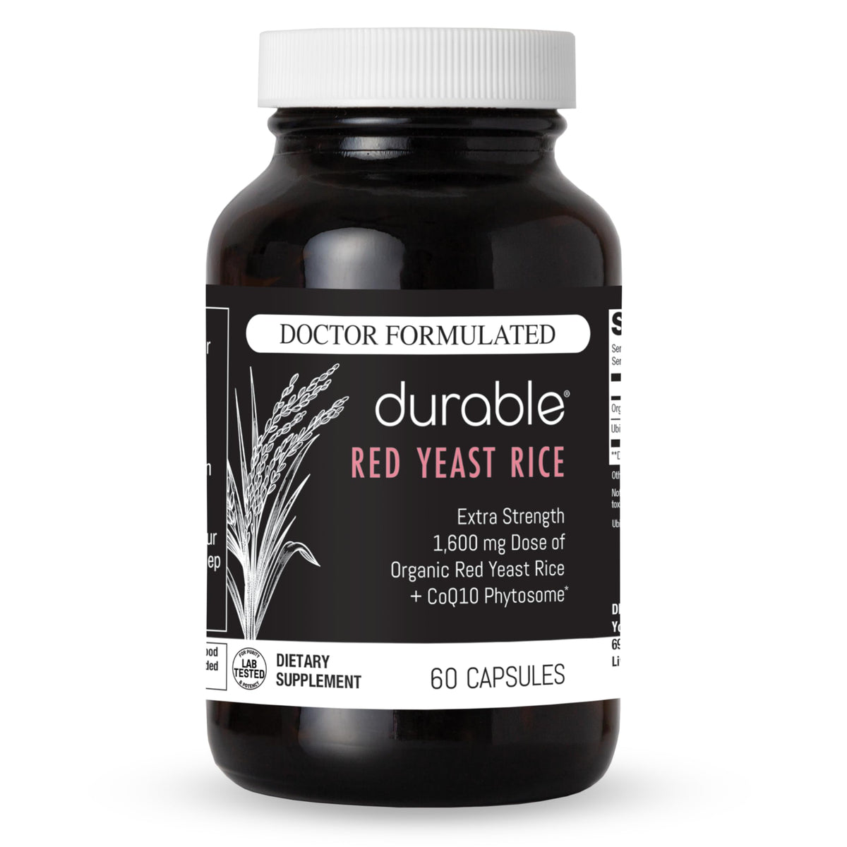 Durable CoQ10 Extra-Strength Red Yeast Rice 1600mg capsules front view