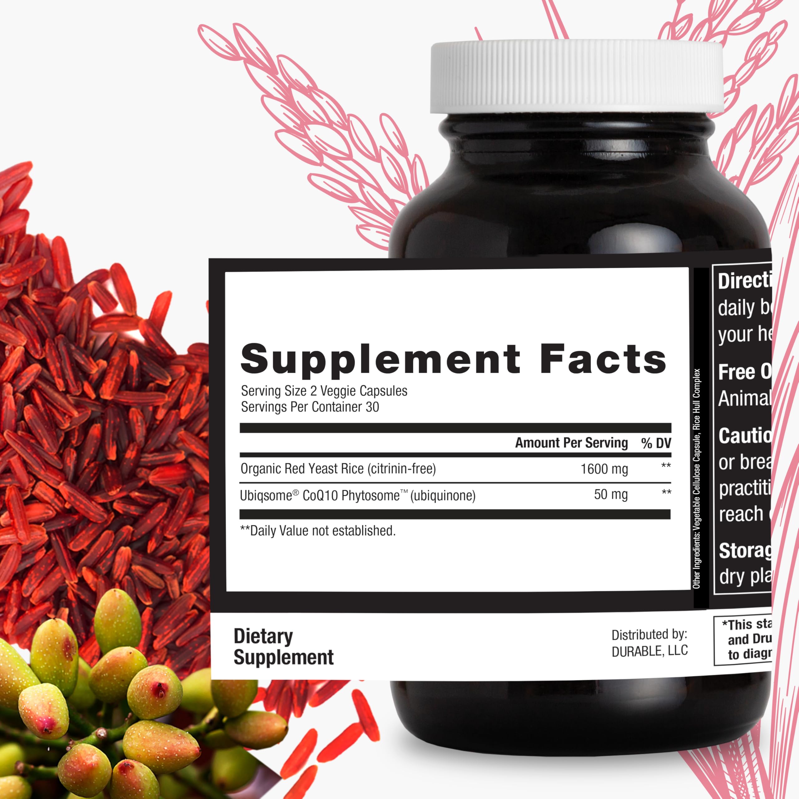 Durable CoQ10 Extra-Strength Red Yeast Rice 1600mg capsules in hand