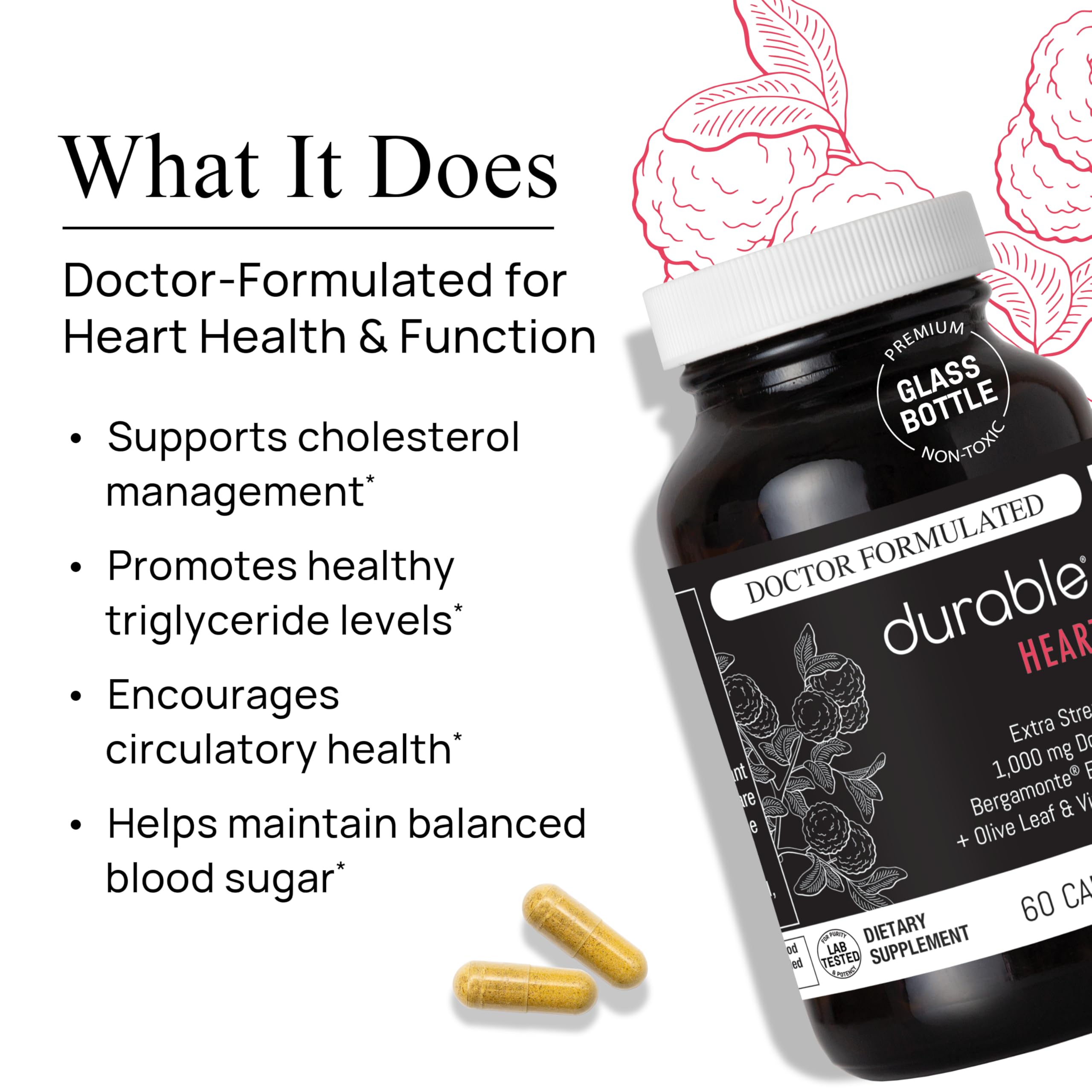 Durable Heart Supplement capsules on a wooden table