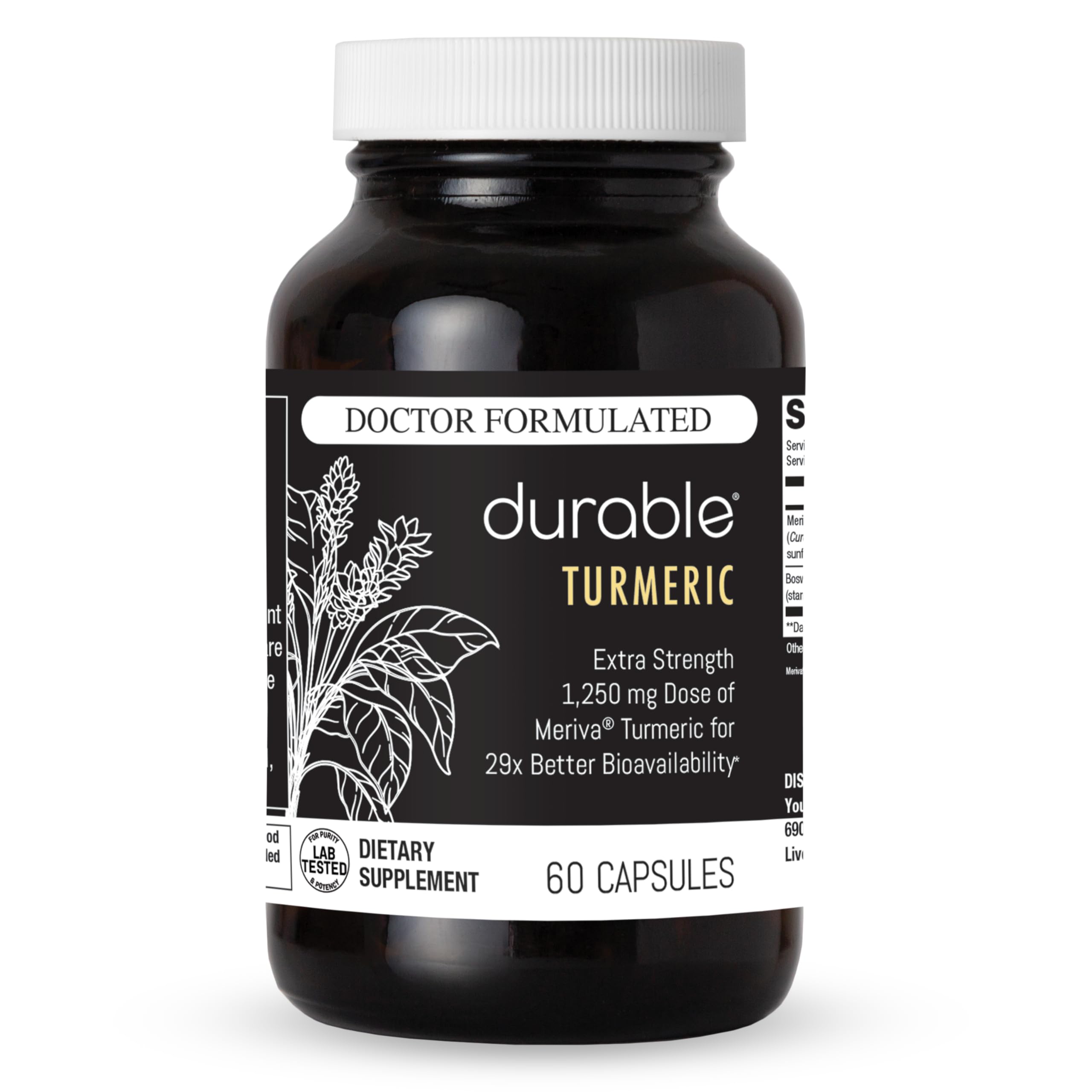 Durable Turmeric Supplement bottle front view with Meriva Curcumin